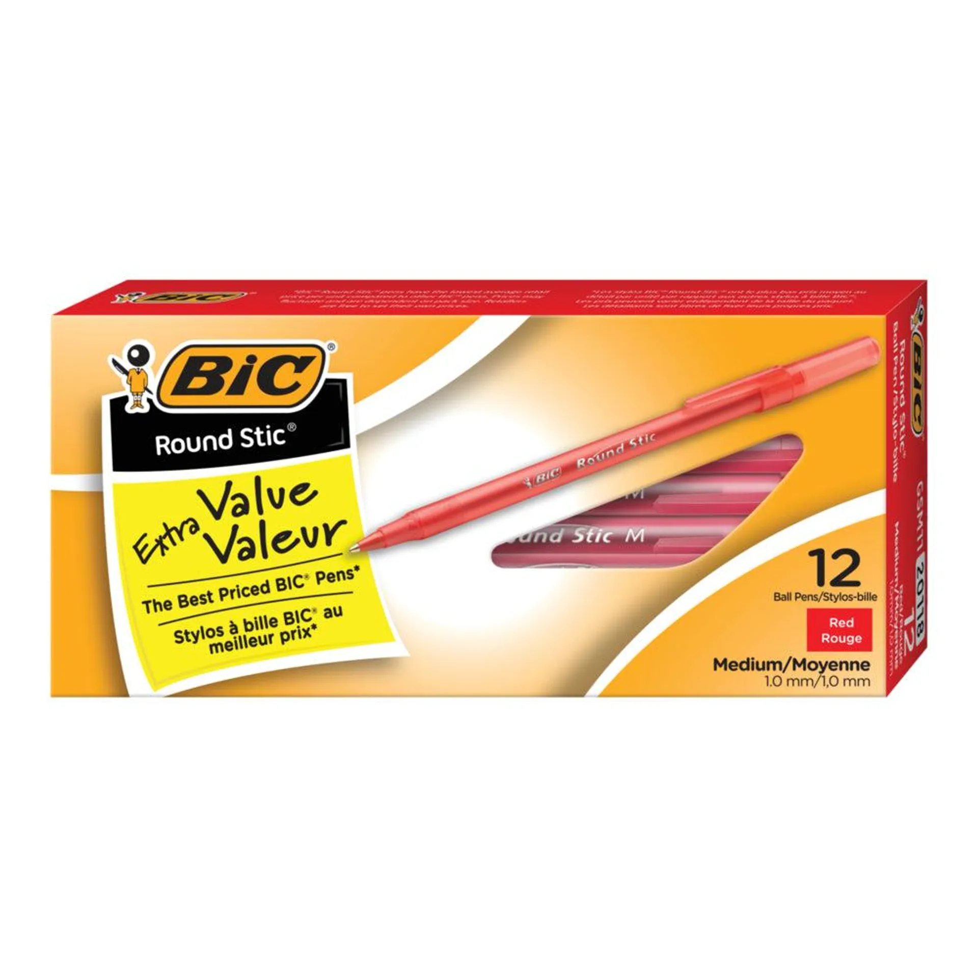 Stylos à bille économique RoundStic de BIC, 1,0 mm, rouge, paquet de 12