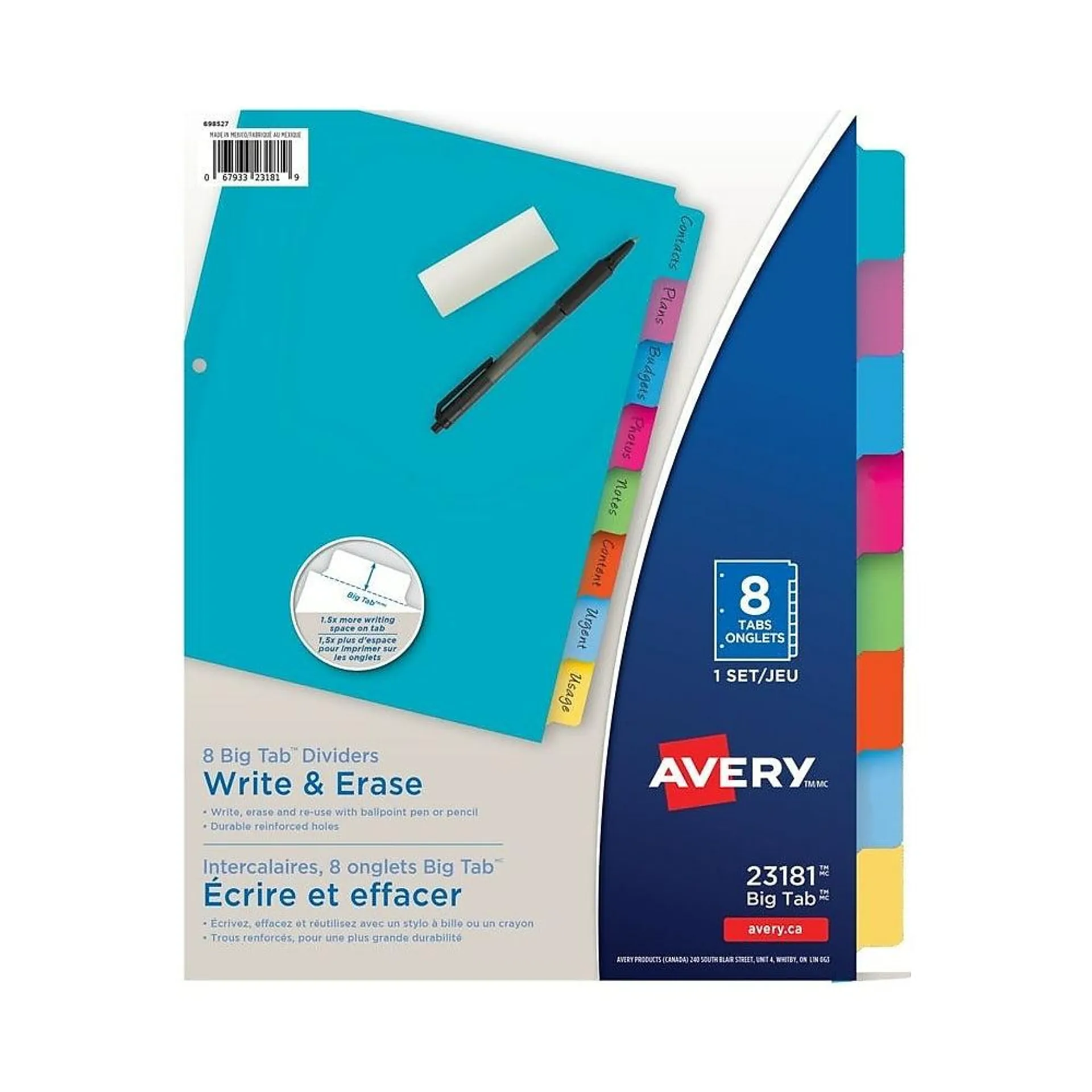 Avery® – Intercalaires Big Tab™ Écrire et effacer - 8 onglets - paq./1 - multicolores