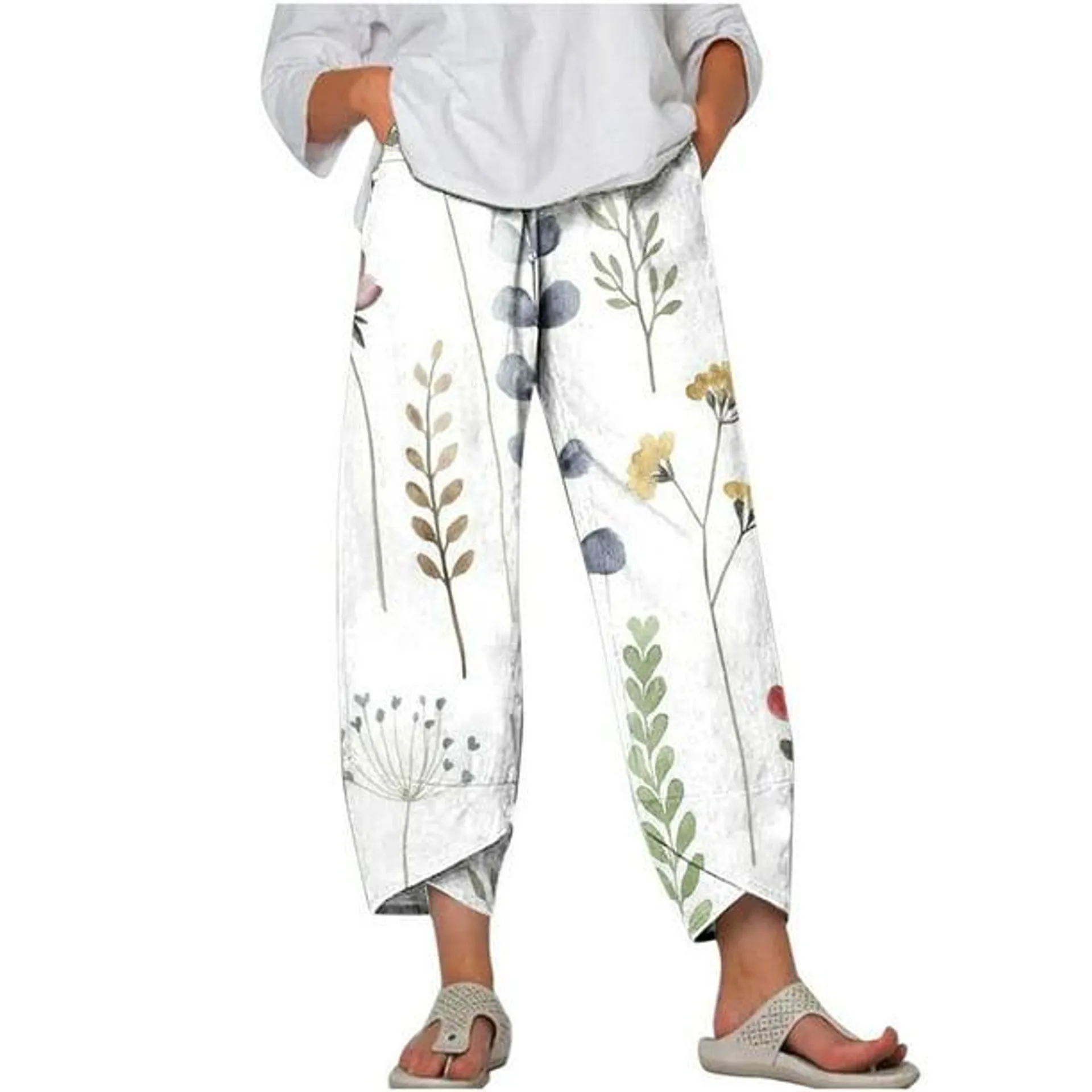 Pantalons Taille Élastique pour Femmes Poches Décontractées Taille Haute Élastique Imprimé Sports Coton et Lin Pantalons Coton Lin Pantalons Taille Haute pour Femmes Pantalons Femmes Taille Élastique