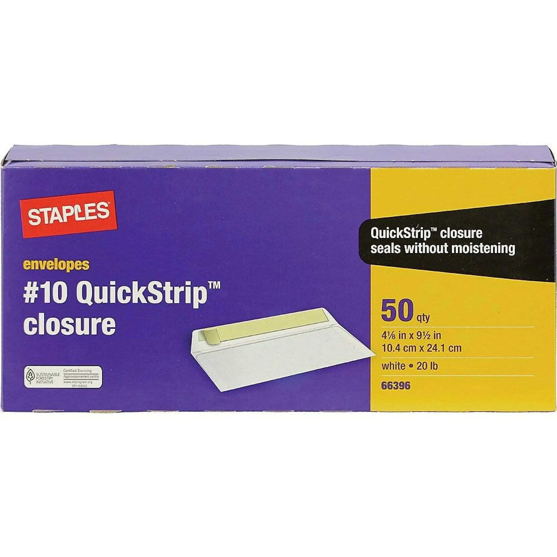 Staples - Enveloppes blanches n° 10, 4 1/8 po x 9 1/2 po, bte/50 - QuickStrip