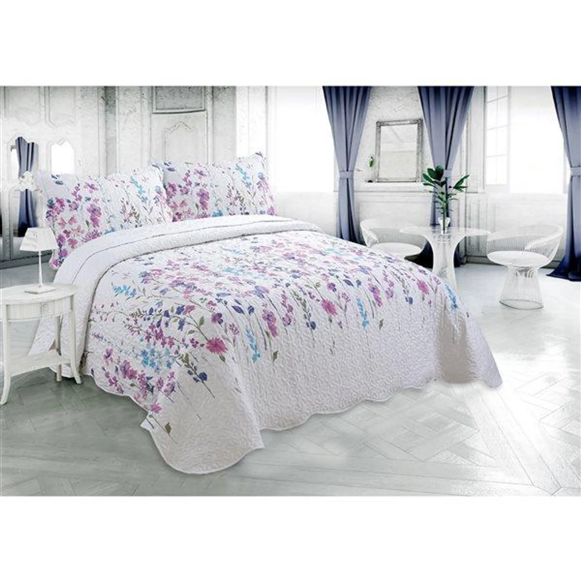 Ensemble de courtepointe florale Marina Decoration bleu, rose, mauve et blanc pour grand lit et lit double, 3 mcx