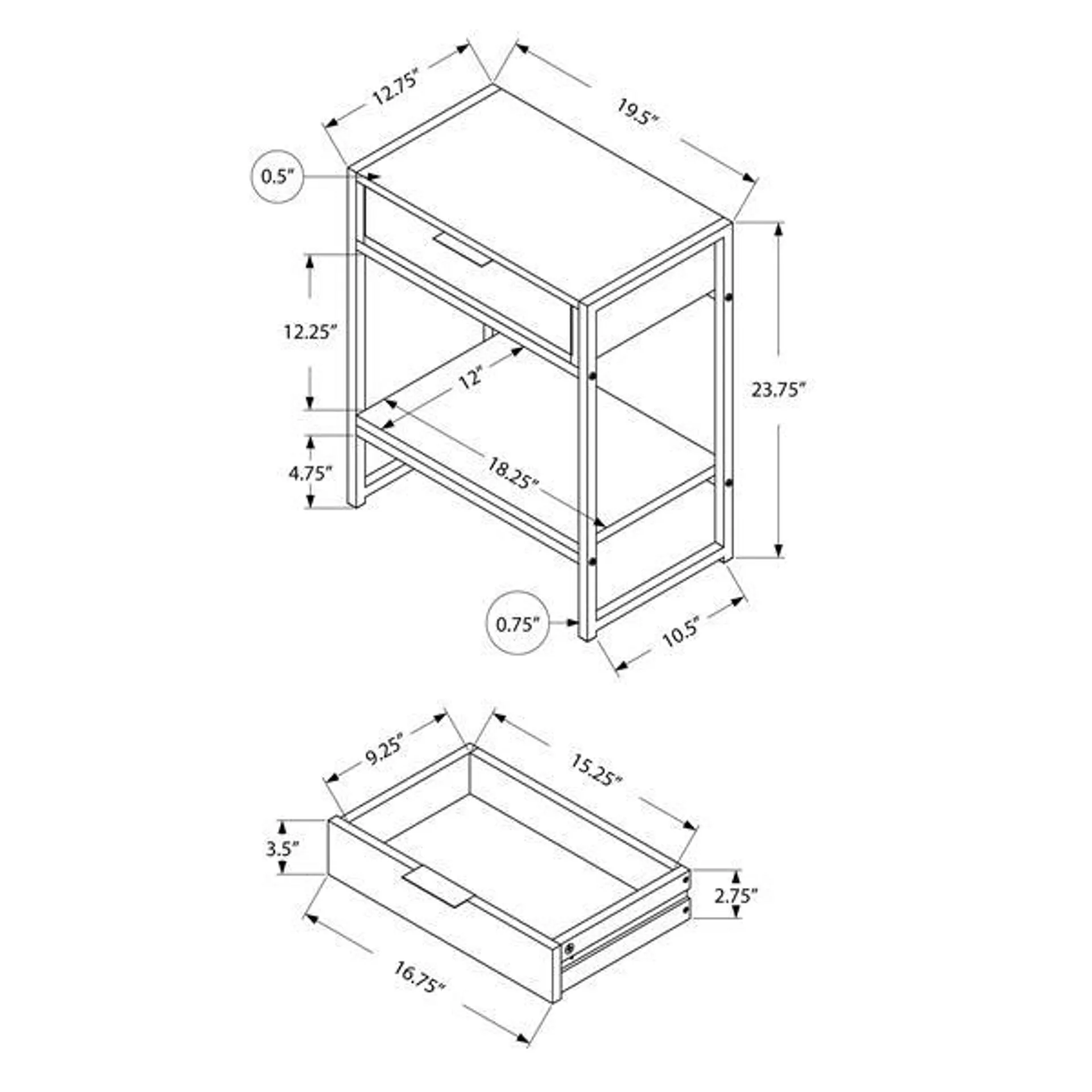 Table d'appoint, 12,75 po x 23,75 po, composite, beige