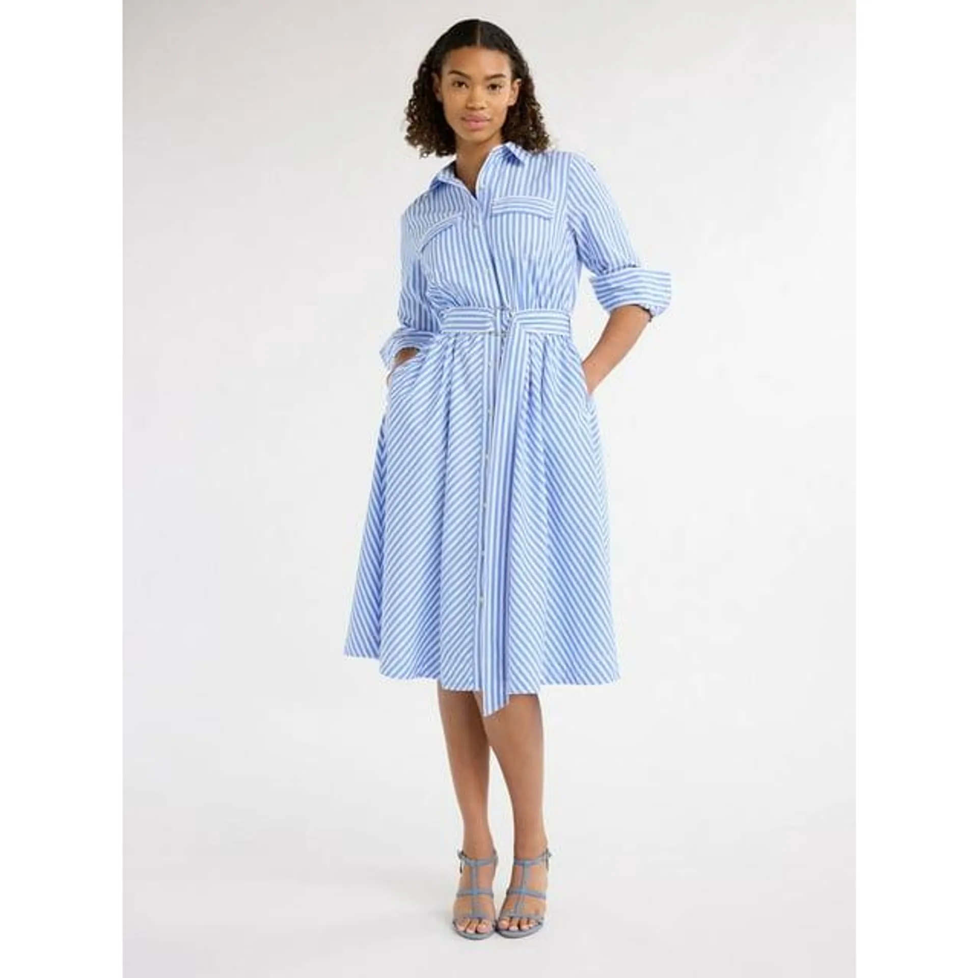 Free Assembly Women's and Women's Plus Belted Cotton Midi Shirtdress with Long Sleeves, Sizes XS-4X