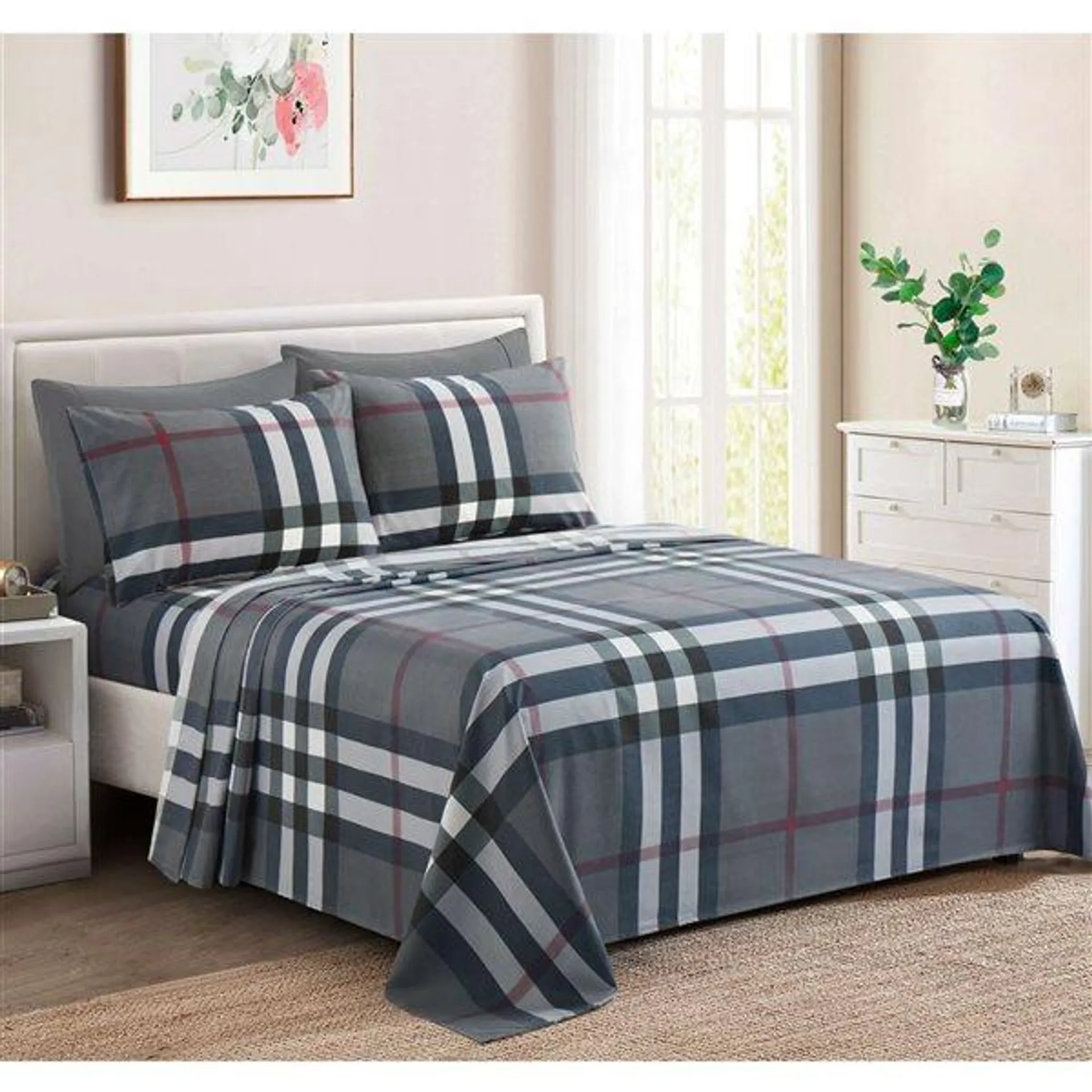 Ensemble de draps 6 pièces pour grand lit Marina Decoration bambou/polyester à motif tartan noir/gris/argent/rouge