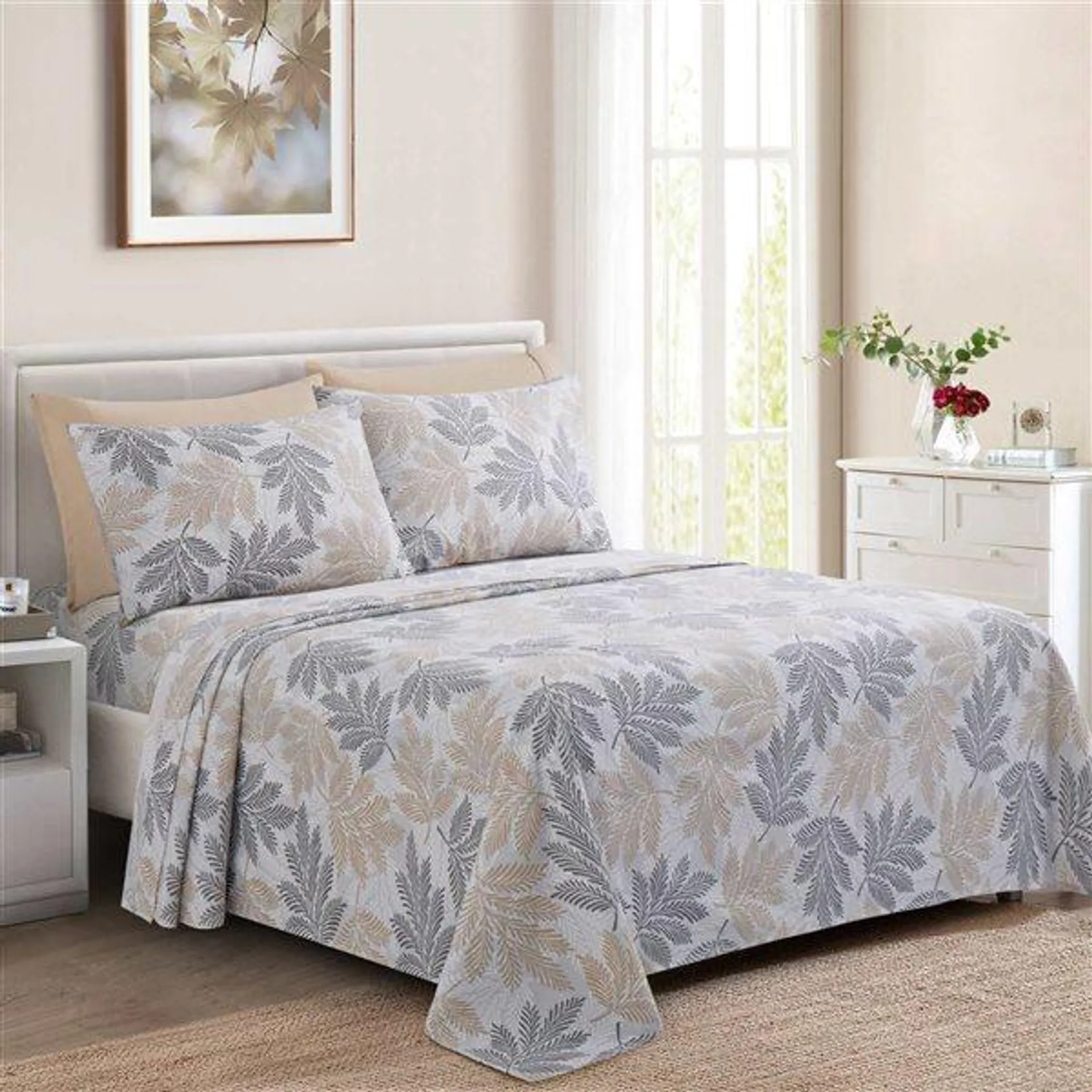 Ensemble de draps 4 pièces pour lit 1 place Marina Decoration bambou/polyester motif feuillage taupe, gris et blanc