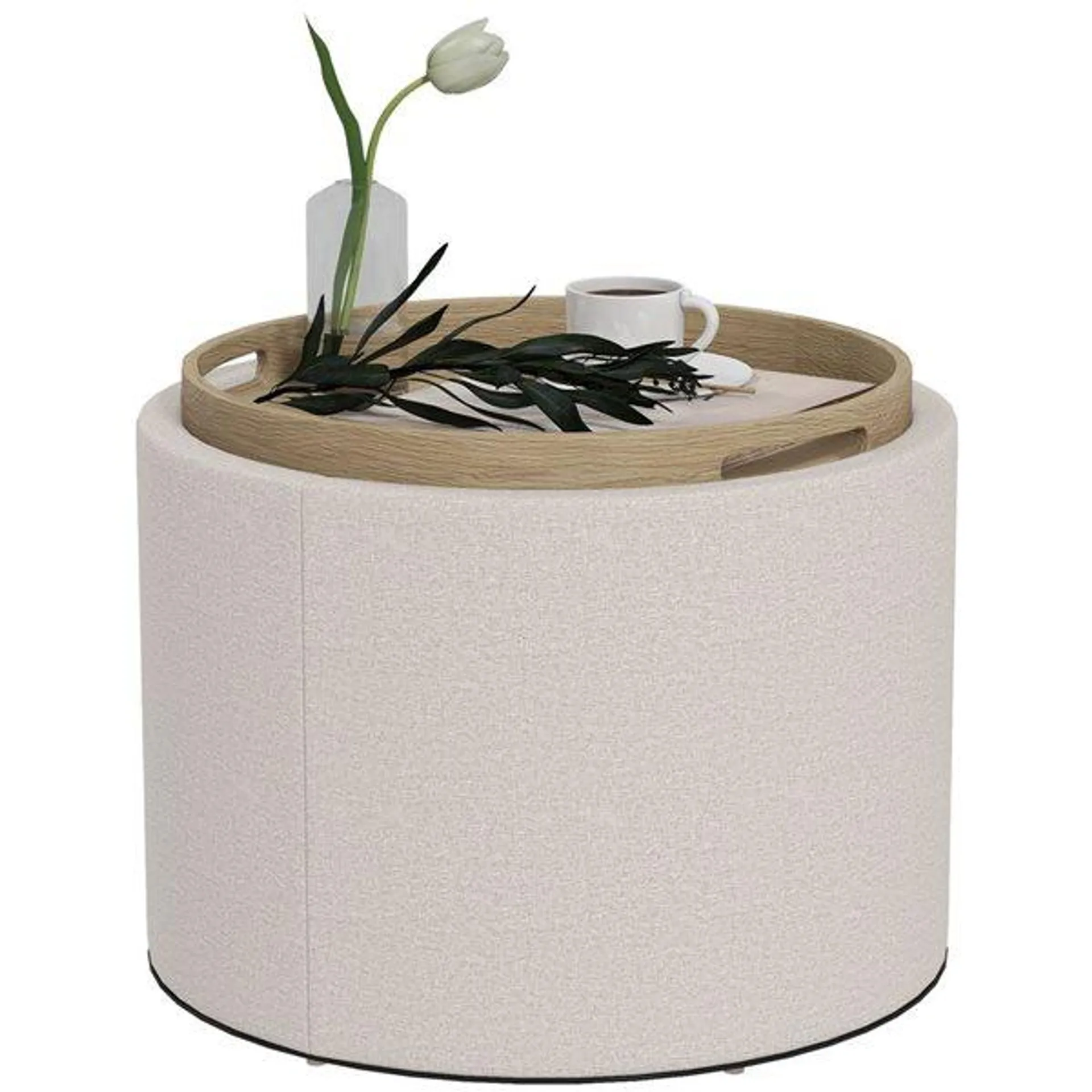 Table de salon ronde rembourrée par HOMCOM 22 diamètre x 16,5 po h. en polyester blanc crème avec plateau et rangement