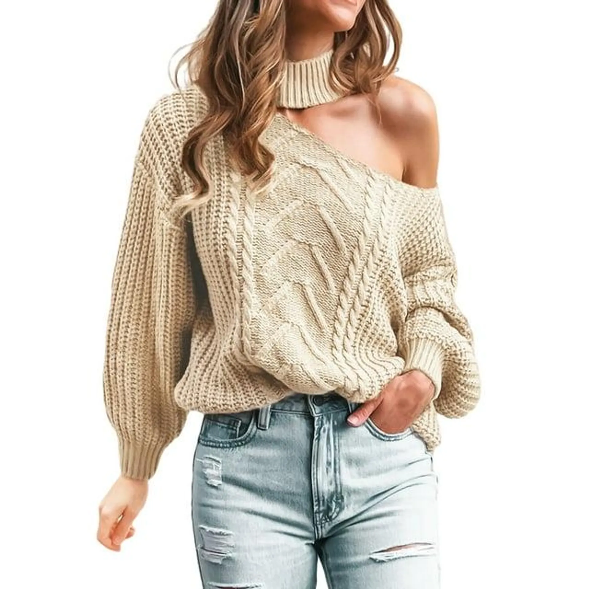 Cupshe Women's Cable Knit One Shoulder Pullover Sweater Mock Neck Cutout Drop Long Sleeve Causal Knitted Top, Sizes XS-XL