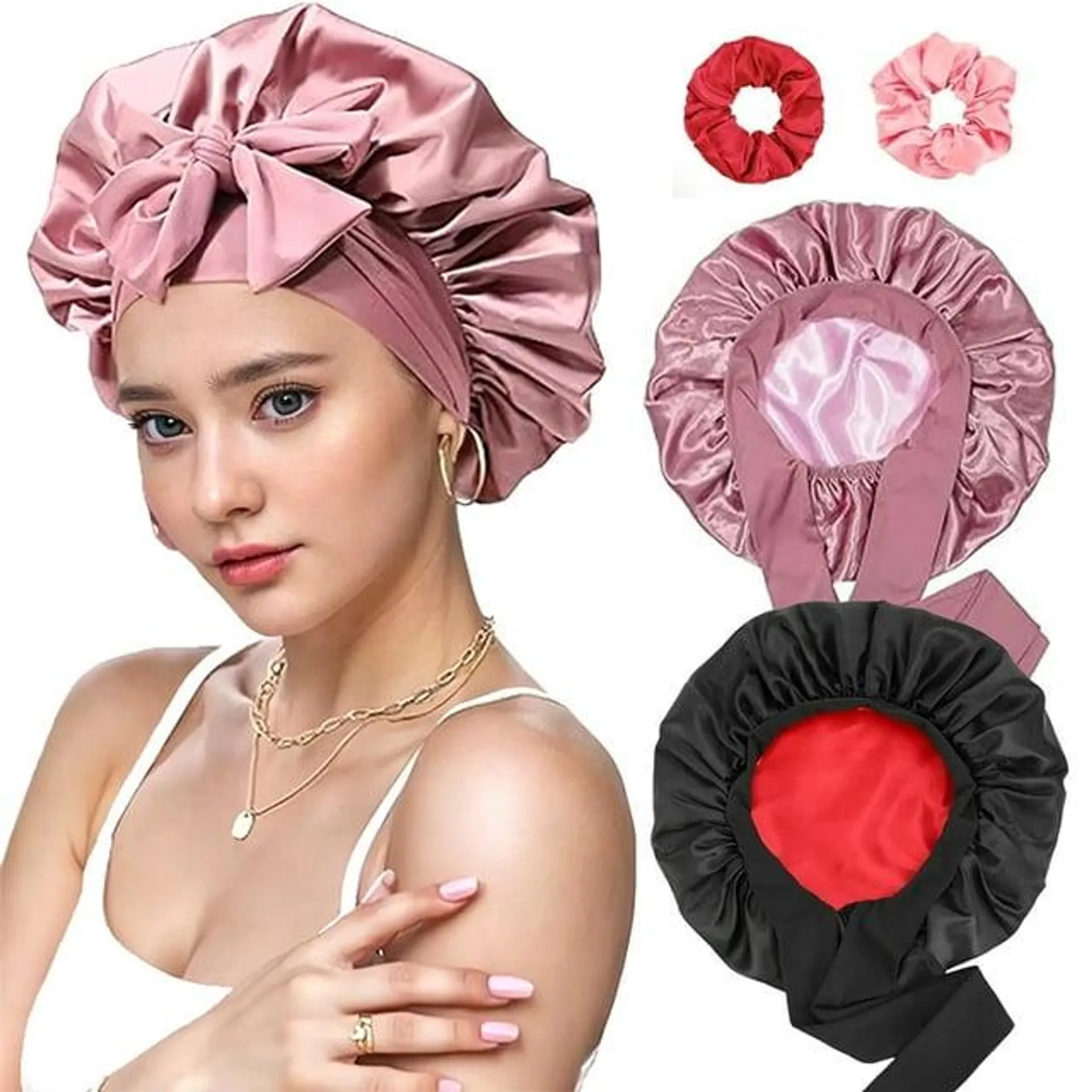 Square 2 Pack Satin Bonnet with 2 Pack Tie Band, Silk Bonnet for Sleeping Women, Silk Sleep Cap Double Layer, Ajustable Hair Bonnet with Tie Band for Women Curly Hair, double-side color Satin Bonnet(