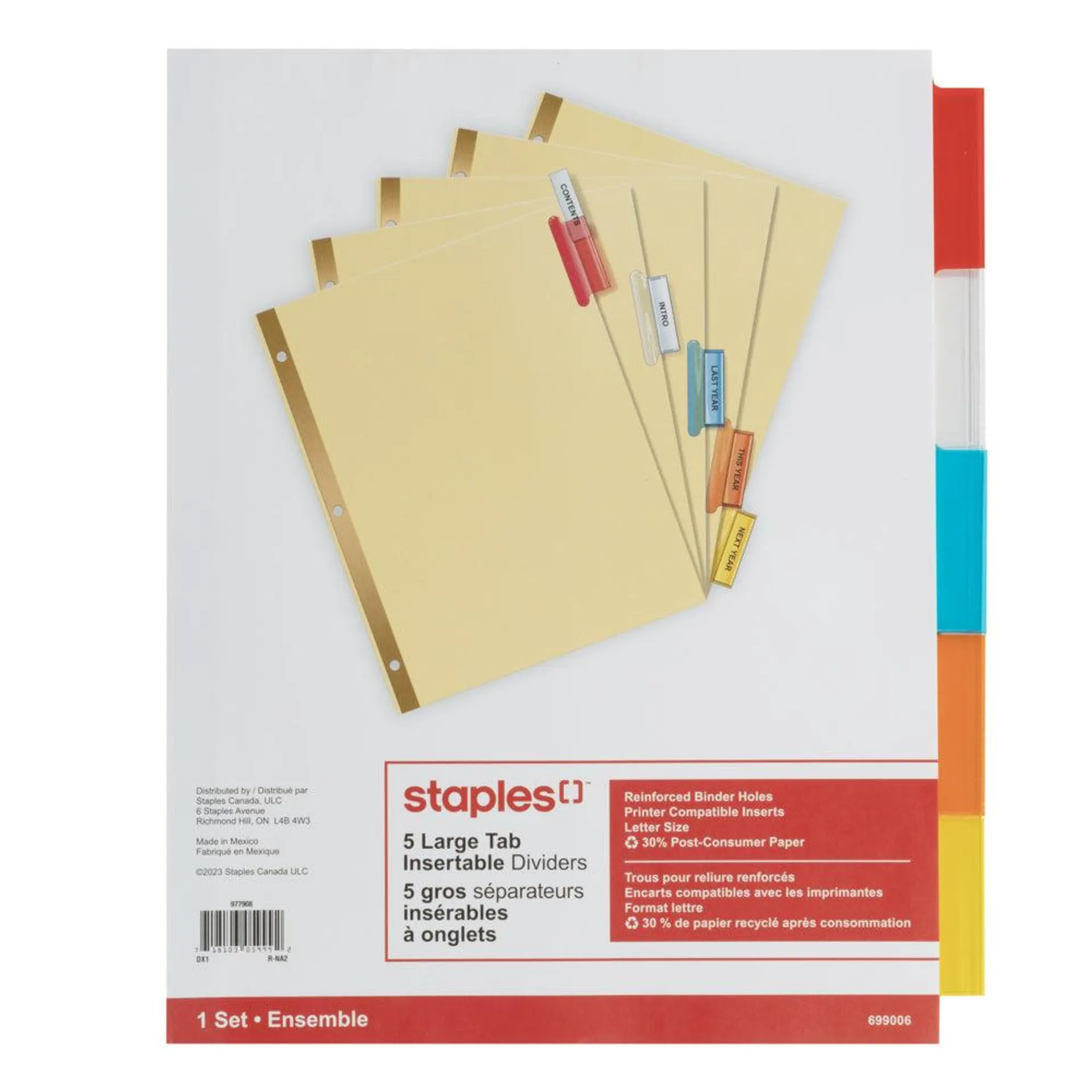 Staples - Grands intercalaires insérables - 5 onglets - couleurs variées