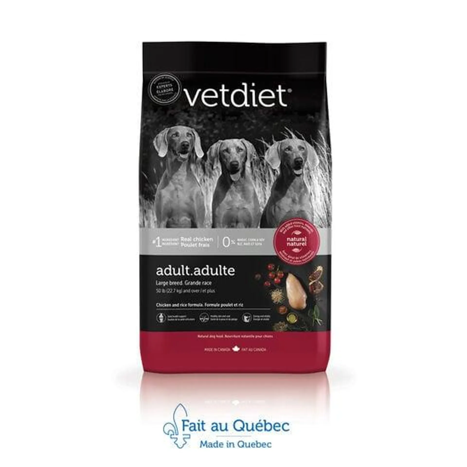 Nourriture sèche au poulet pour chien adulte de grande race