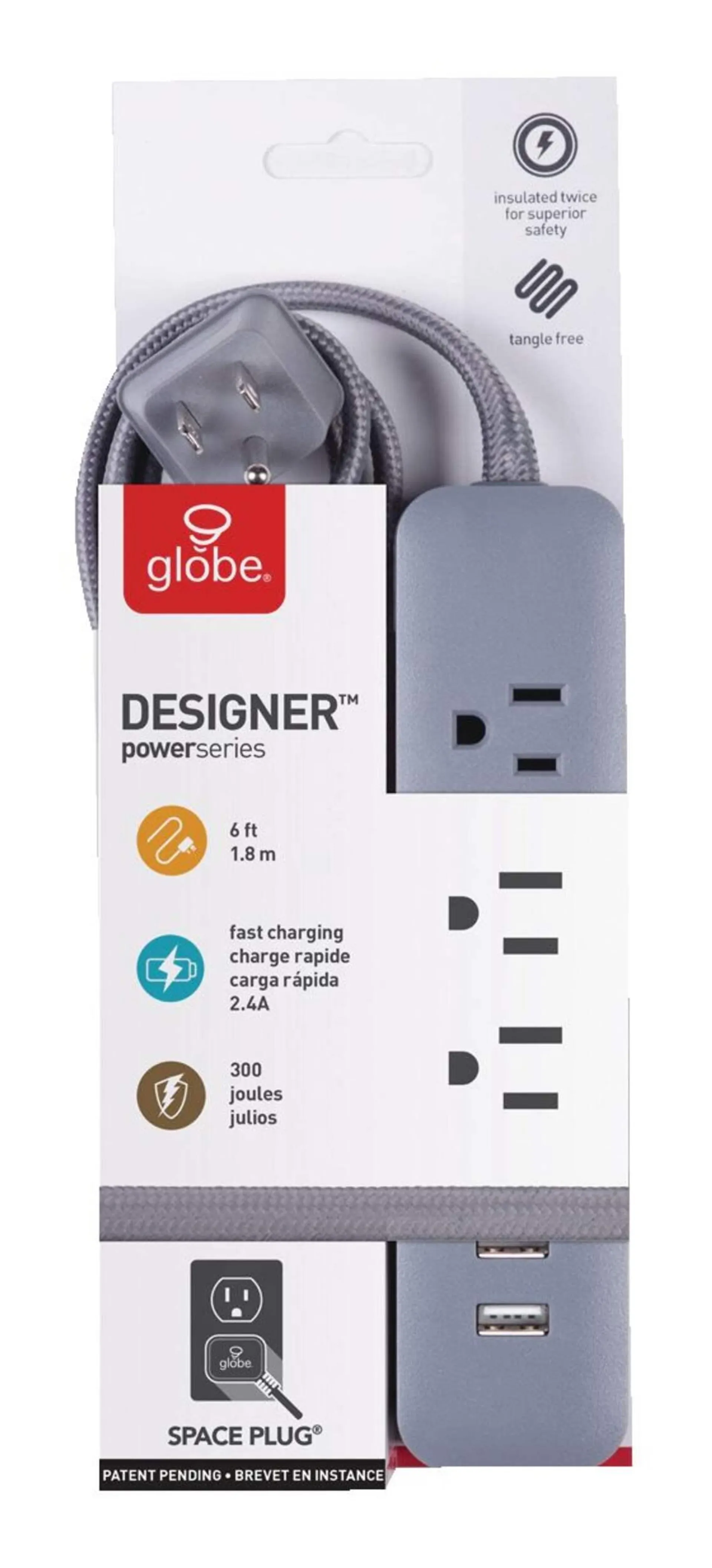 Barre d'alimentation Designer de Globe à 3 prises et 2 ports USB avec protecteur de surtension, cordon de 6 pi, 300 joules, prise à angle droit, gris