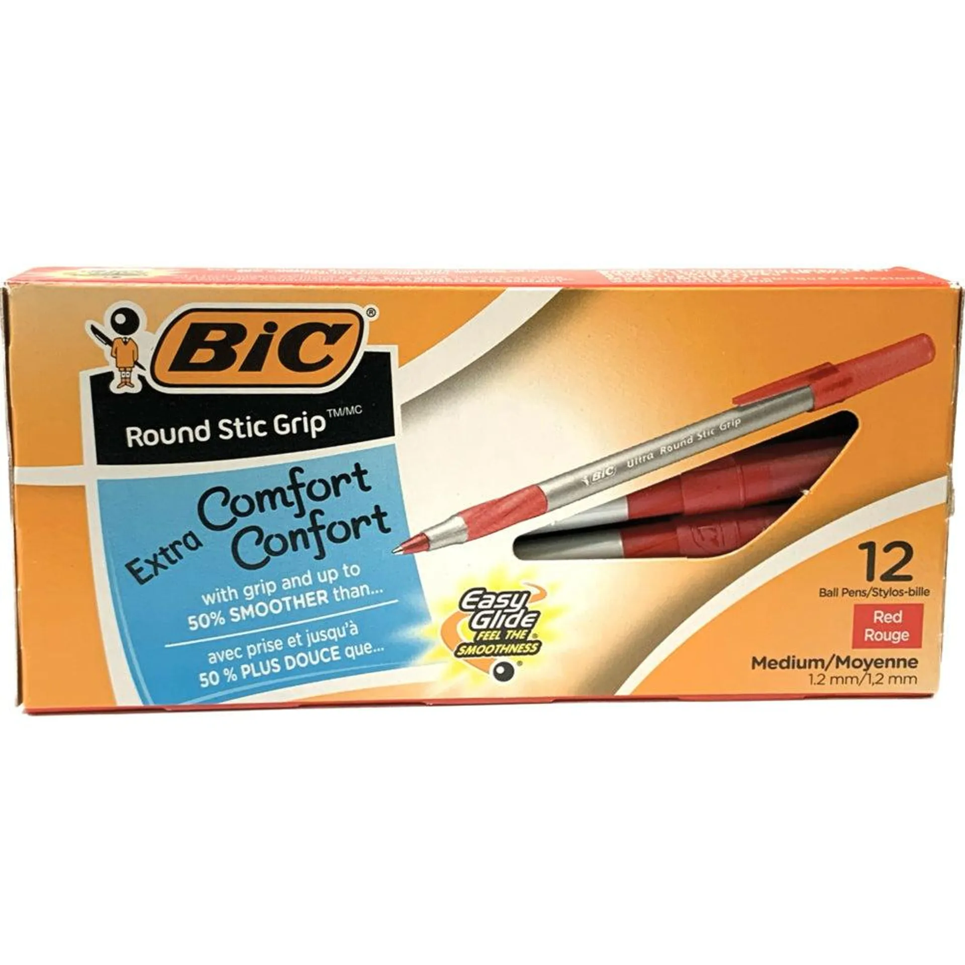 BIC - Stylos à bille Stic Gripâ„¢ ronds - 1,2 mm - rouge - Paquet de 12