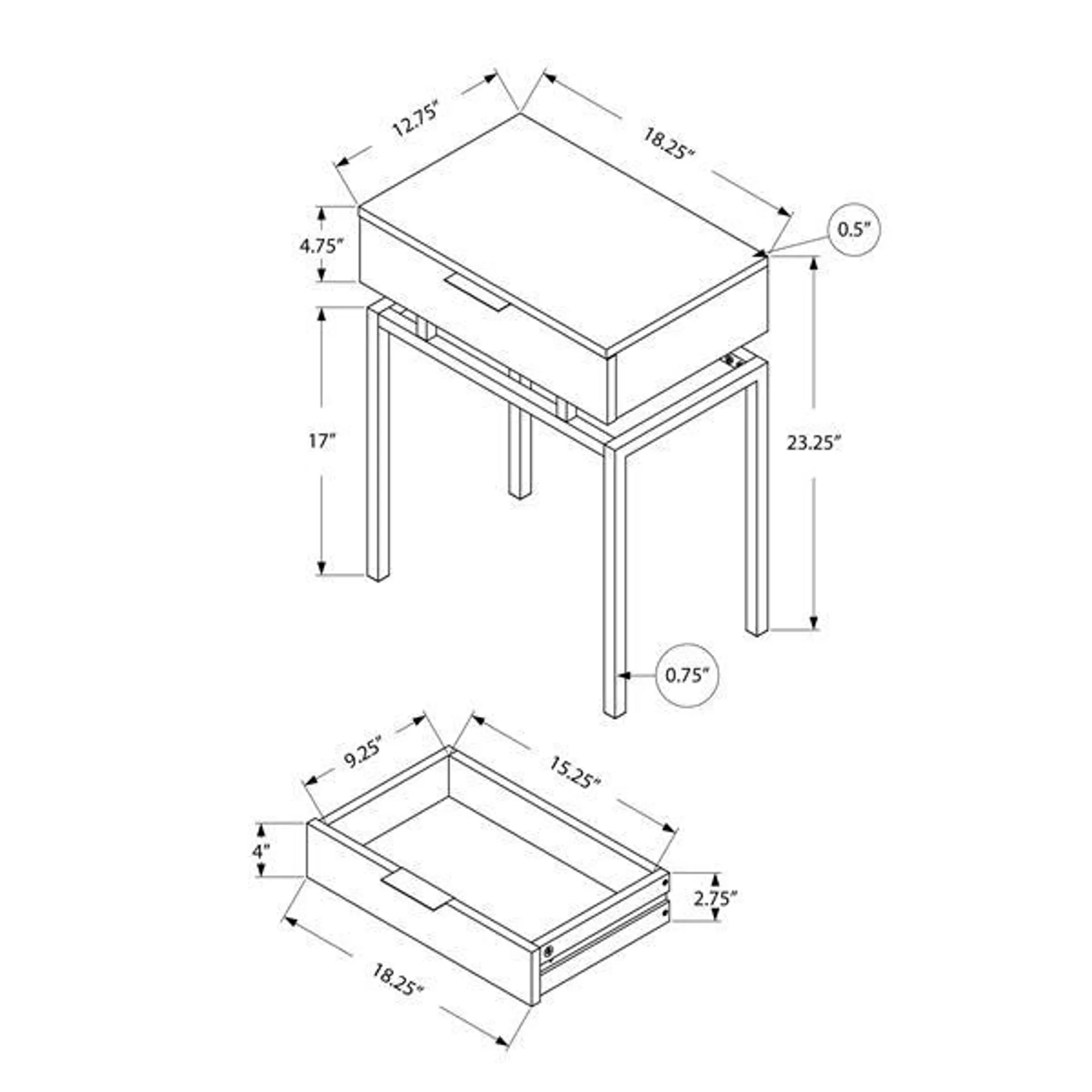 Table d'appoint, 12,75 po x 23,25 po, composite, beige