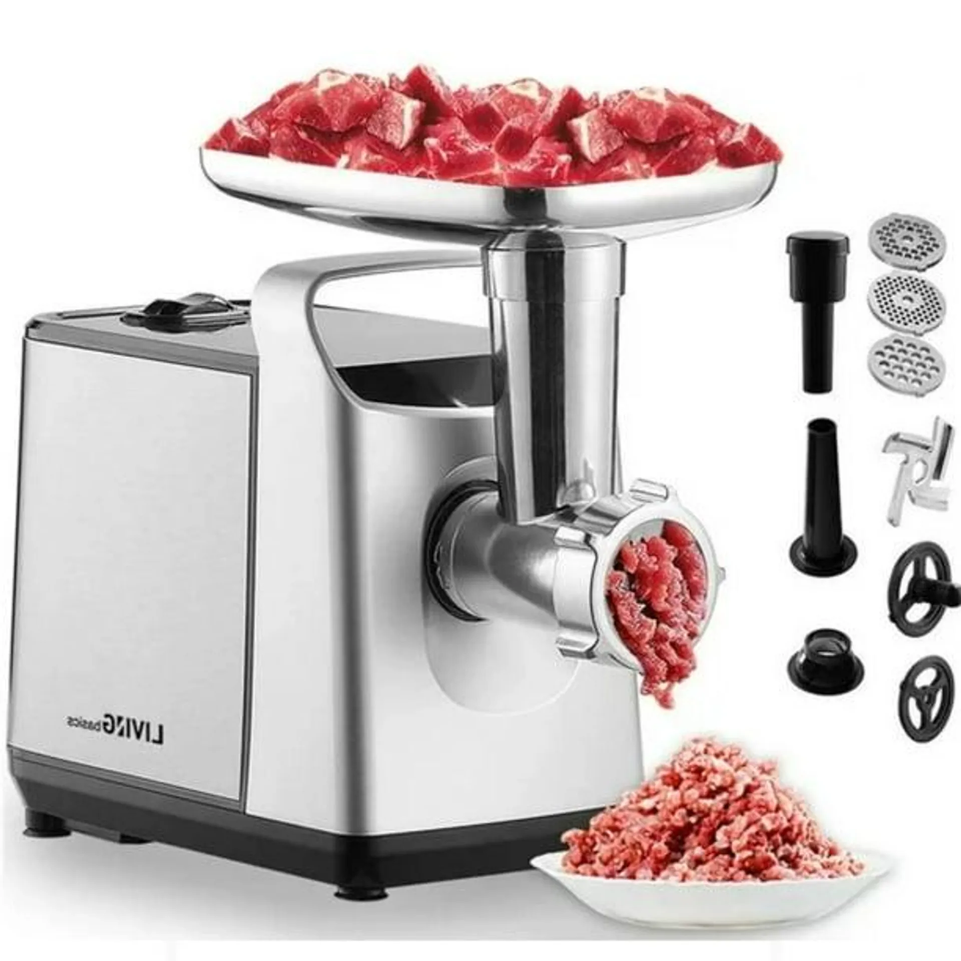 Hachoir à Viande Électrique avec Presse-Saucisses, 3000W Max Robot Culinaire en Acier Inoxydable Râpe à Légumes