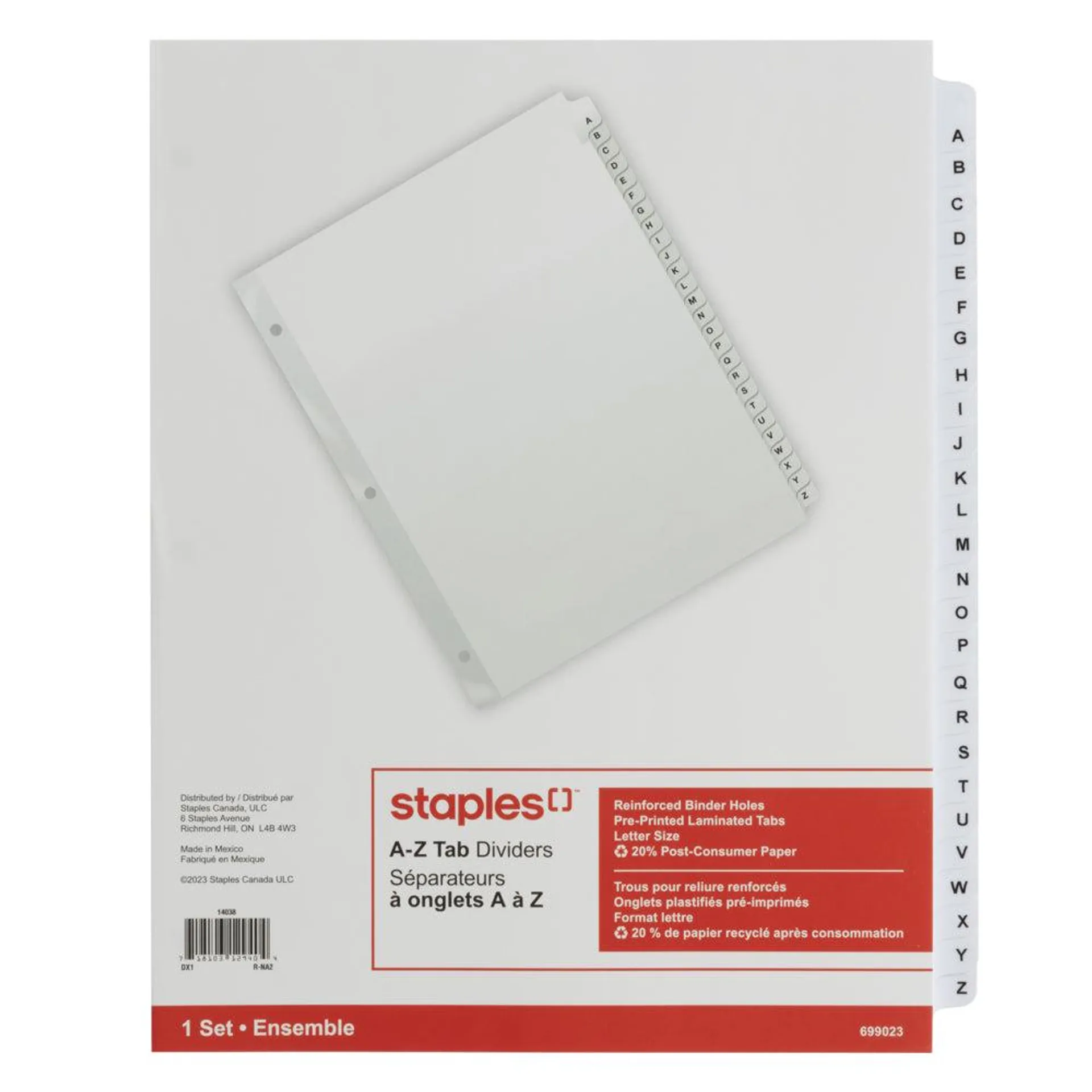 Staples - Intercalaires à onglets A-Z - 26 intercalaires - paq./1 - blanc