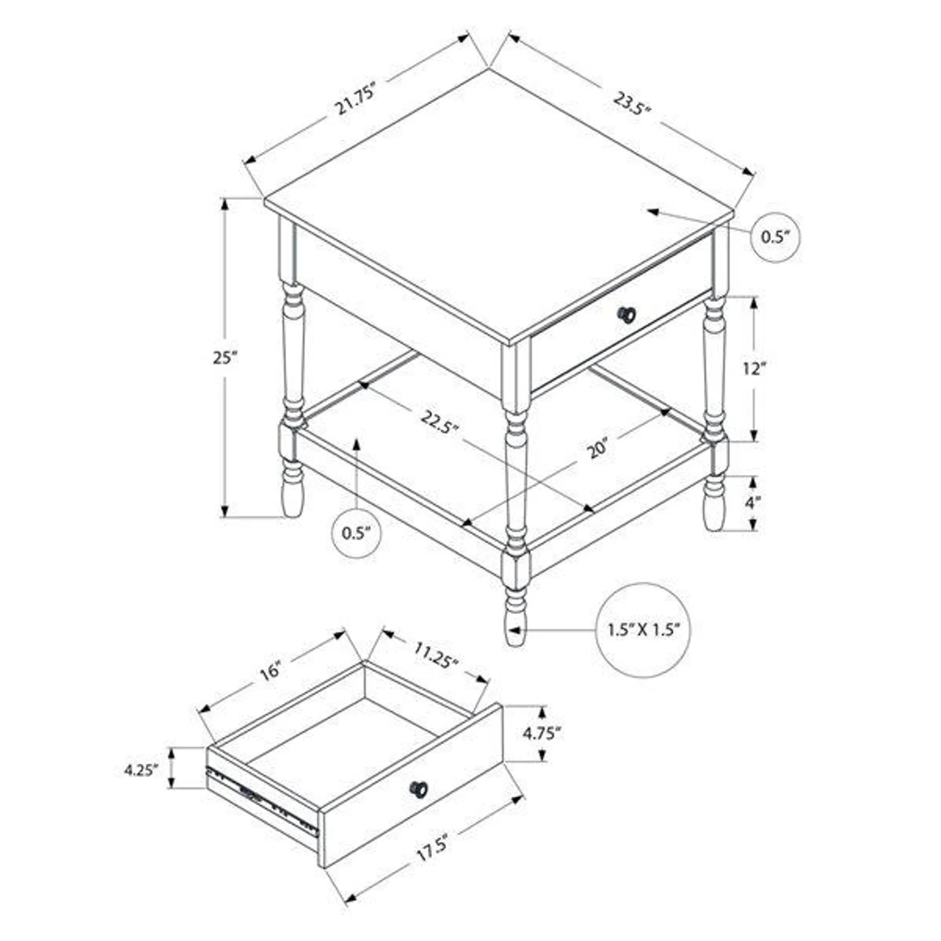 Table d'appoint carrée traditionnelle 24 po à 2 niveaux Monarch Specialties en placage noyer foncé