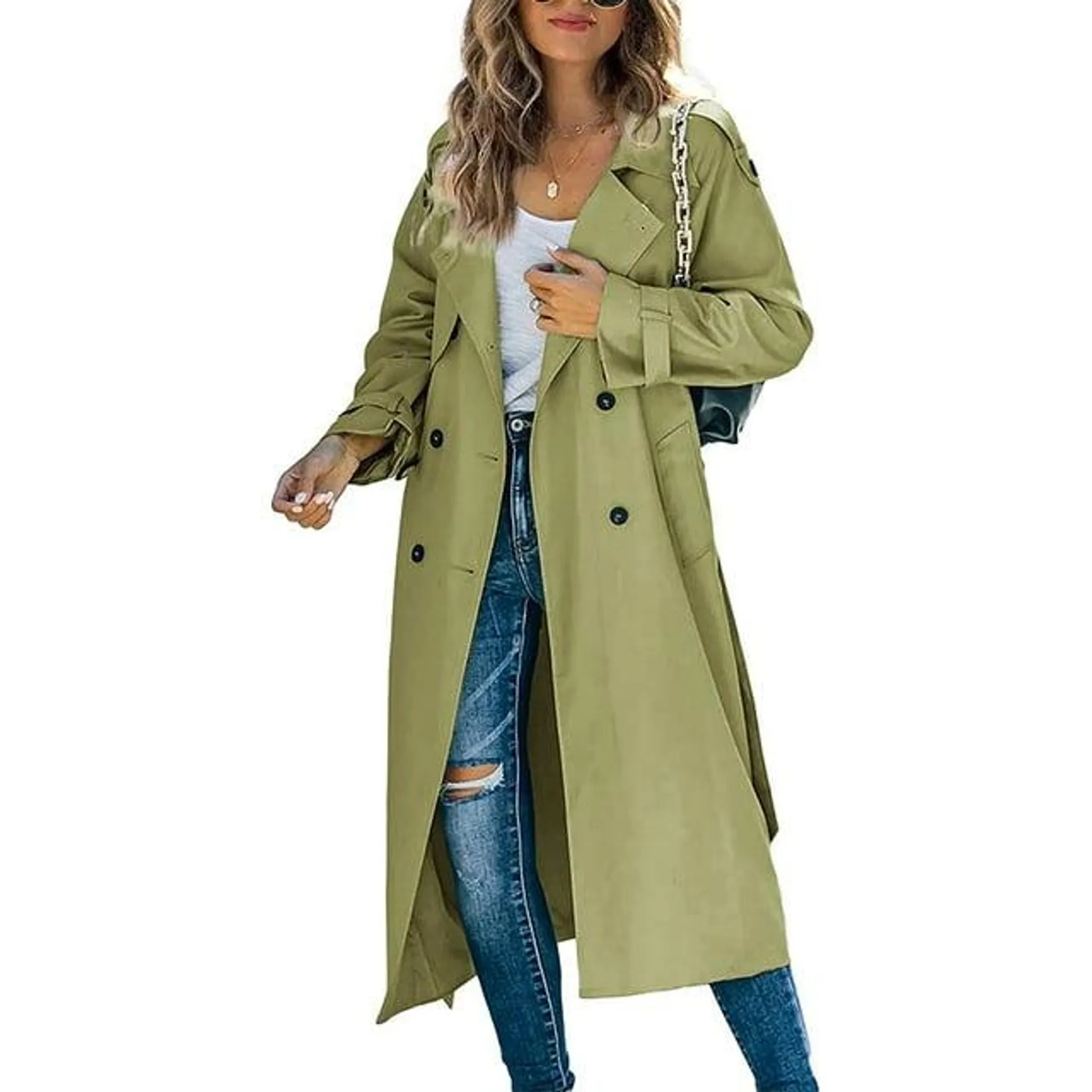 Canrulo Women's Waterproof Double-Breasted Trench Coat Classic Lapel Overcoat Slim Outerwear Coat with Belt Army Green M