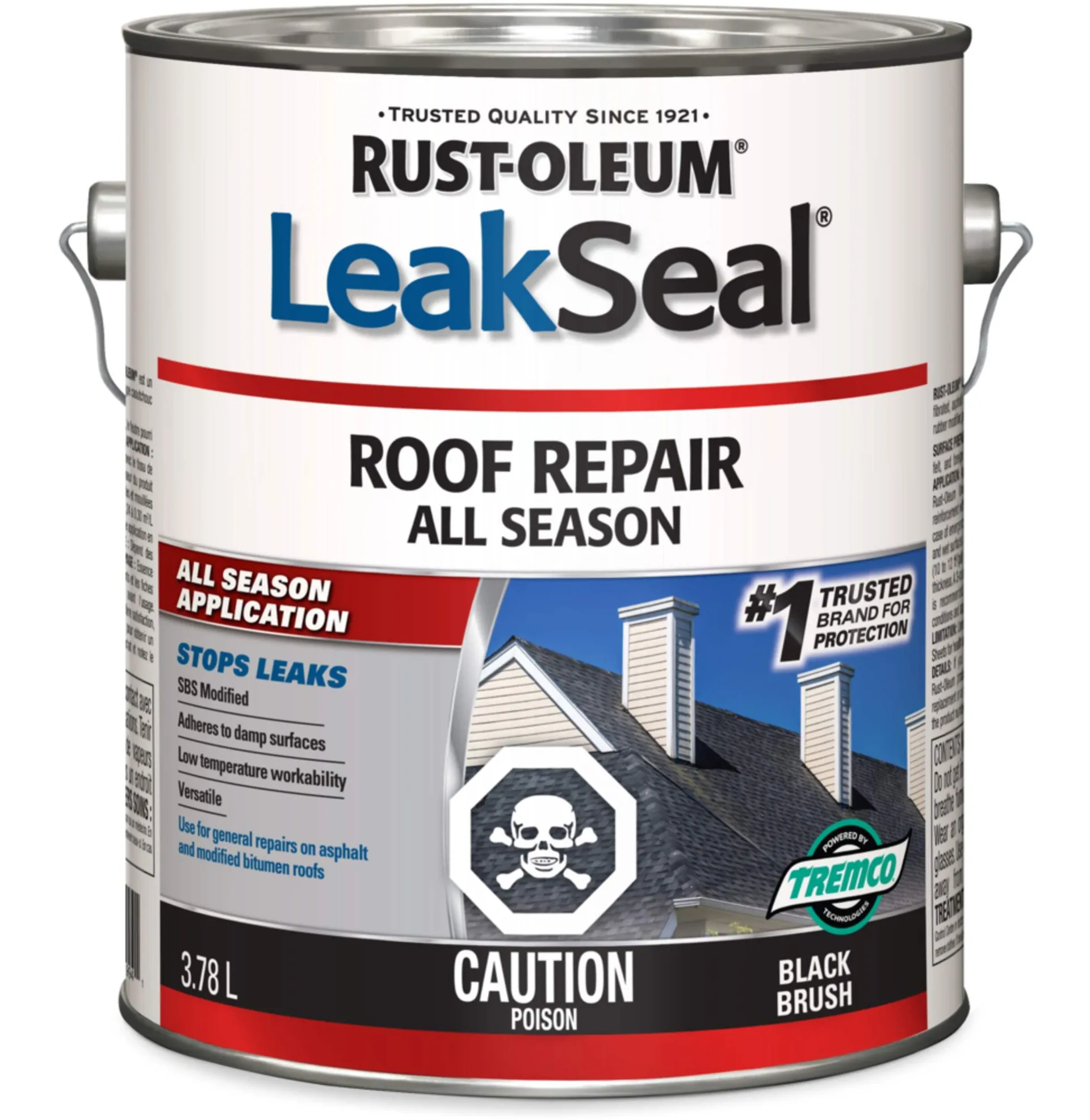 Scellant hydrofuge toute saison pour réparation de toit Rust-Oleum LeakSeal, application sèche/humide, brosse noire, 3,78 L