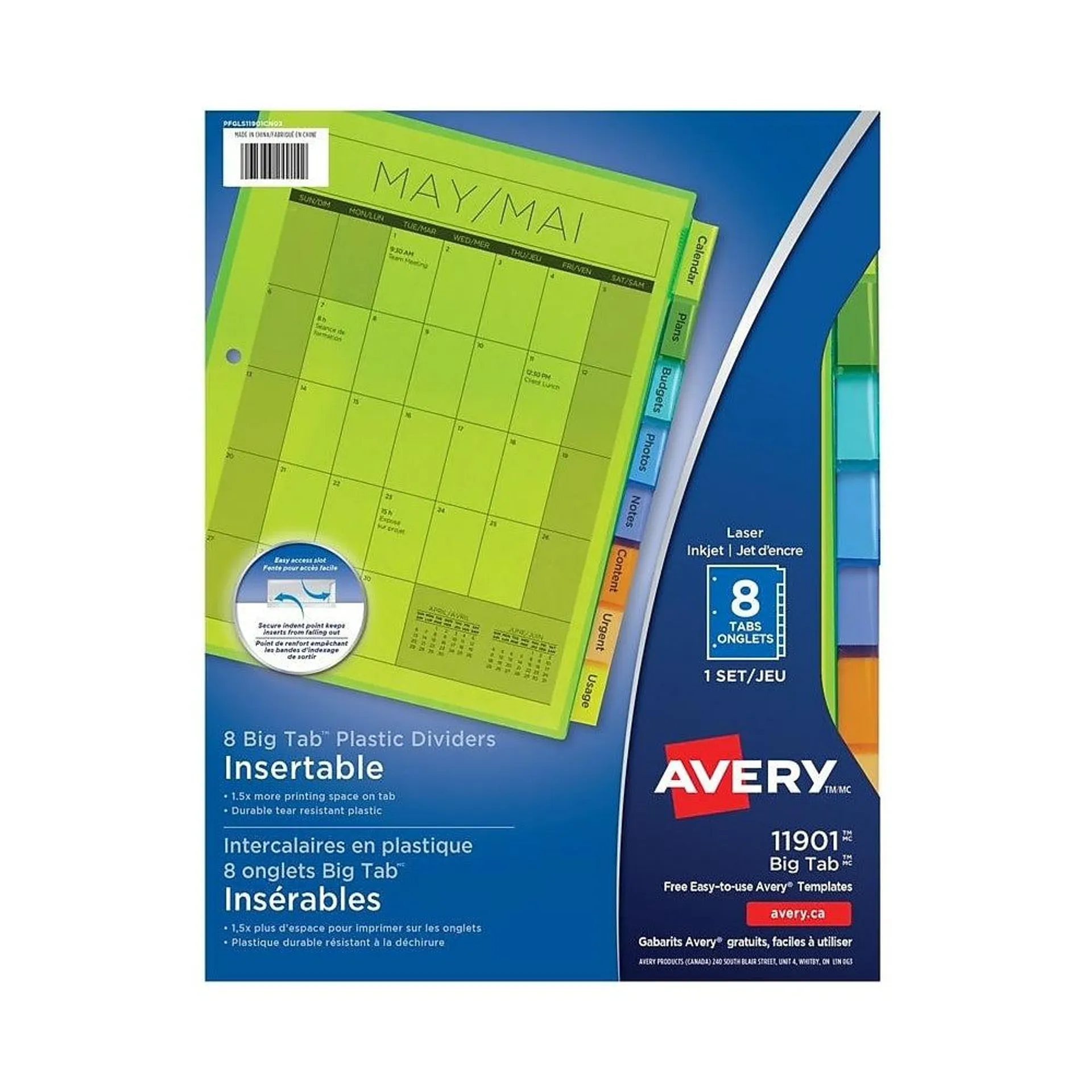 Avery® – Intecalaires insérables en plastique Big Tab™, 8 1/2 po x 11 po - 8 onglets - paq./1 - multicolores