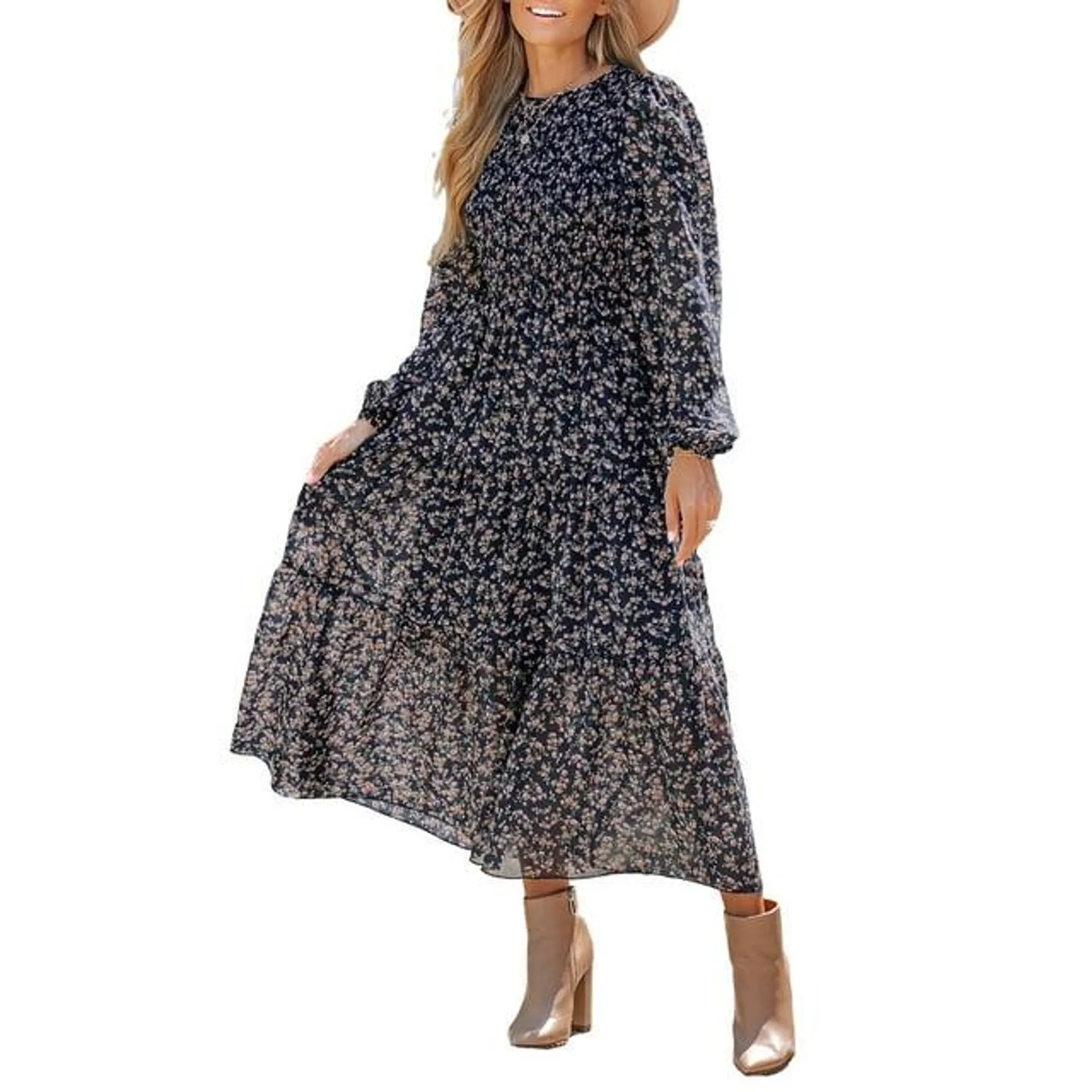 CUPSHE Women's Disty Floral Print Round Neck Long Sleeve Smocked Waist Maxi Dress Casual A Line Long Chiffon Dress