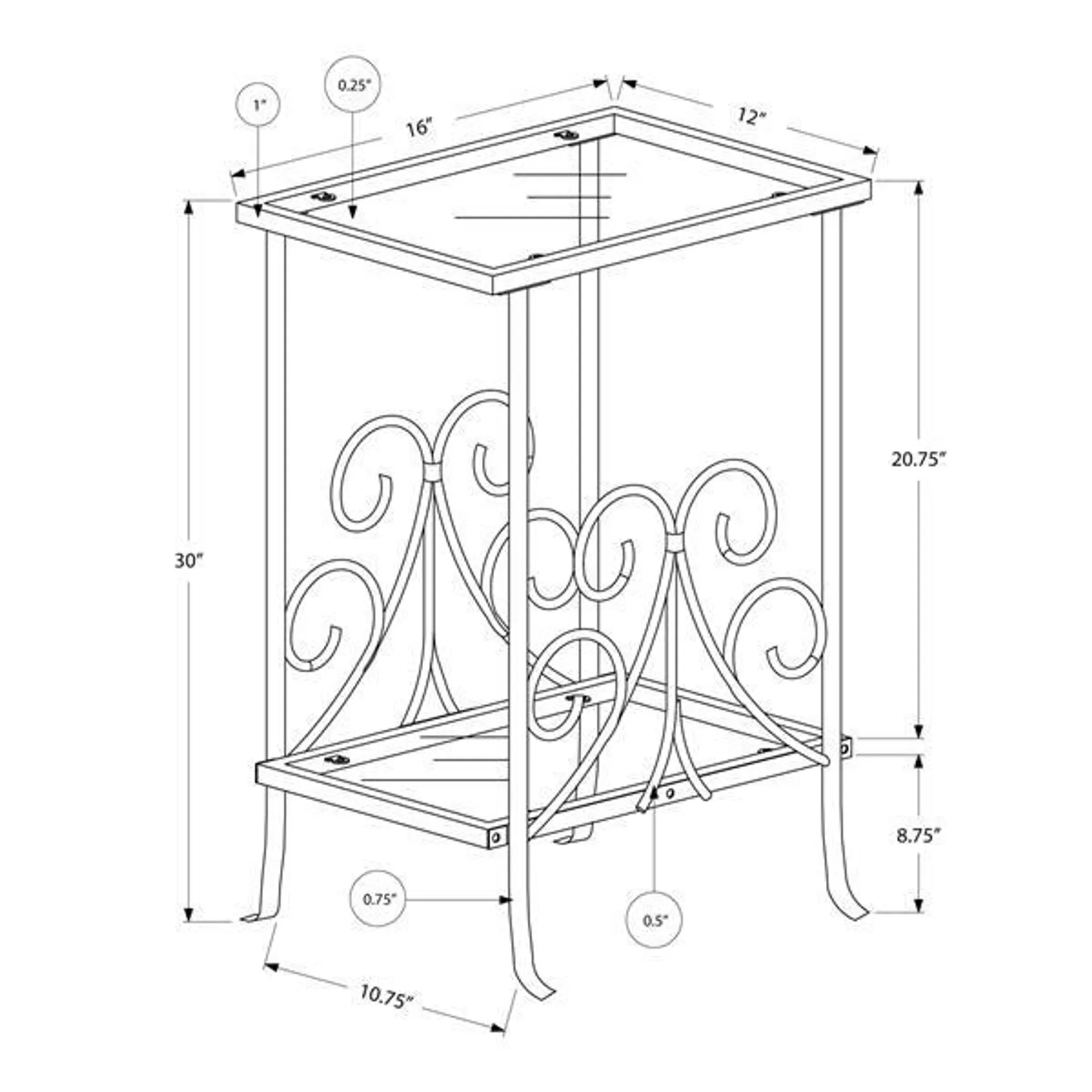 Table d'appoint, 12 po x 30 po, verre, argent