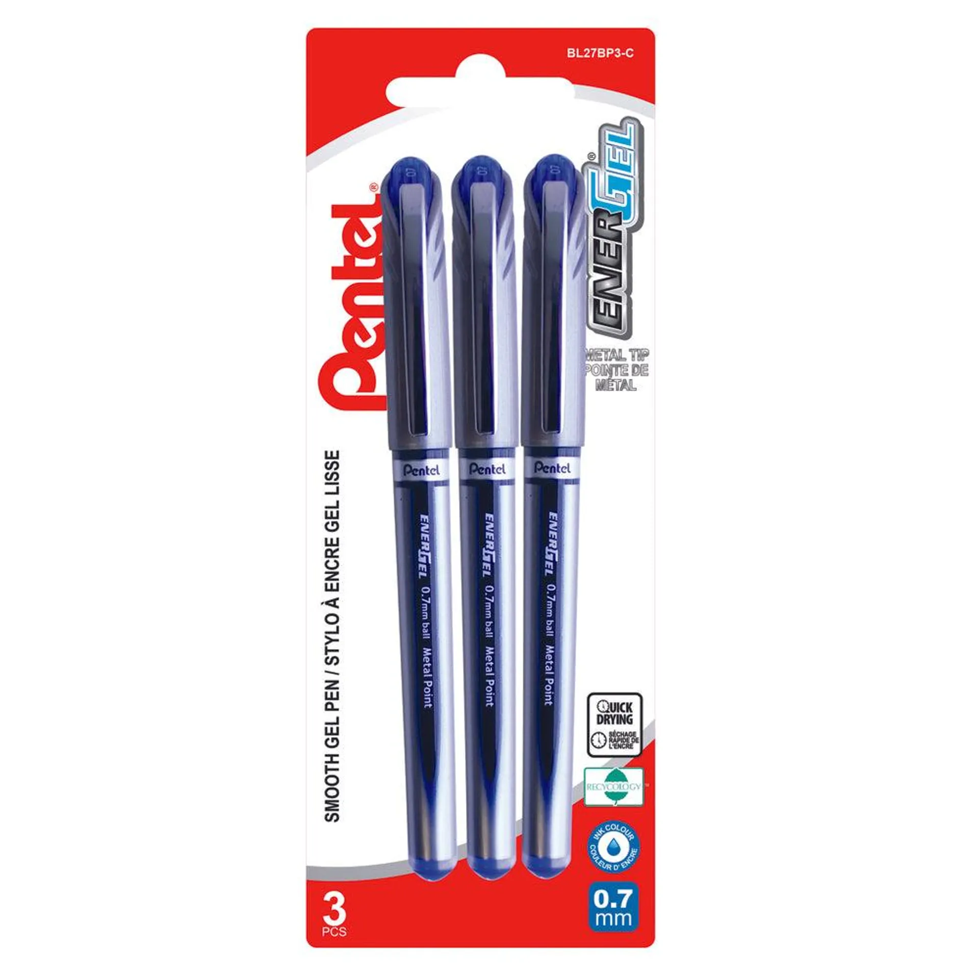 PentelMD – Roller encre gel EnerGel, 0,7 mm, bleu, 3/pqt