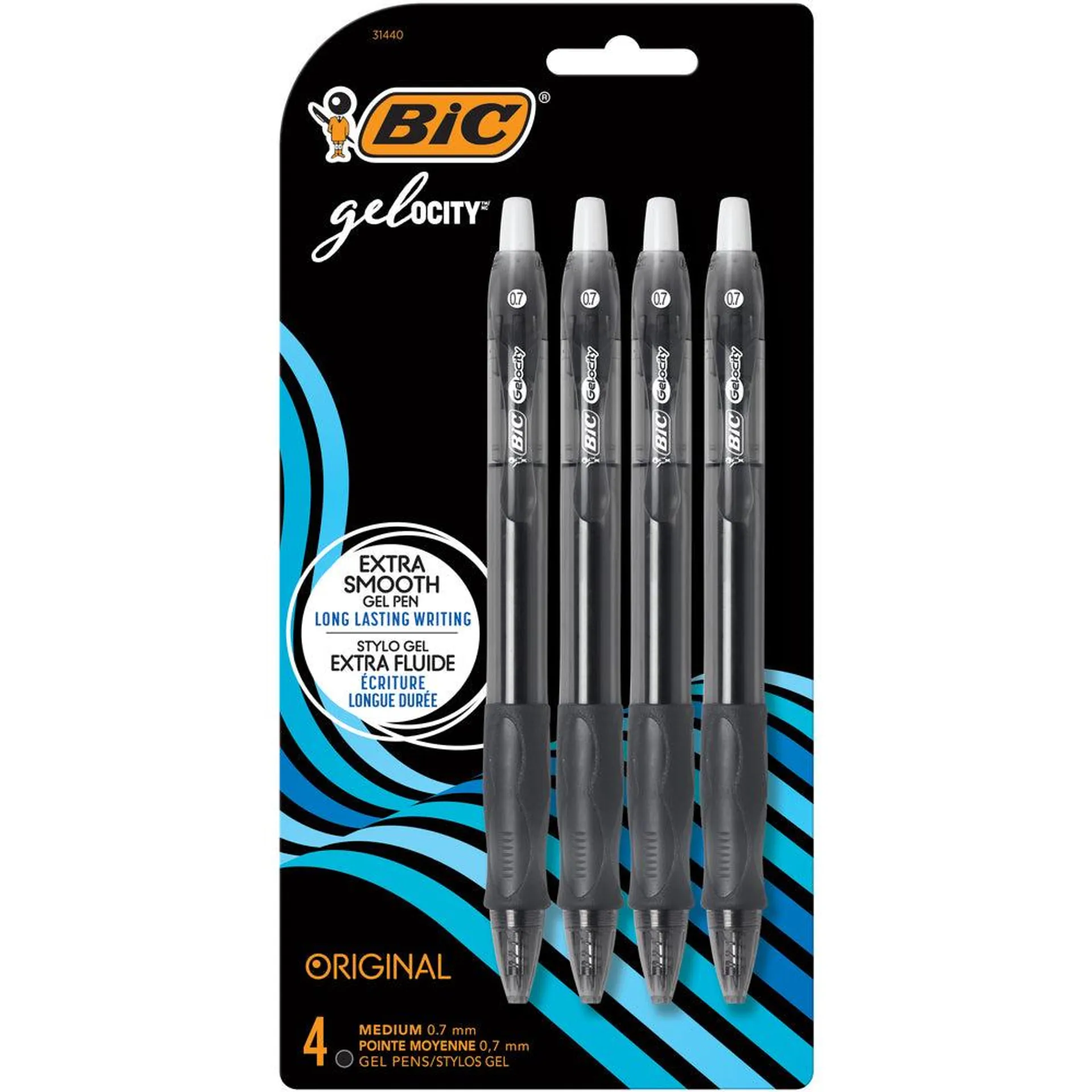 BIC - Stylos Gelocity à encre gel à pointe rétractable - 0,7 mm - noirs - Paquet de 4