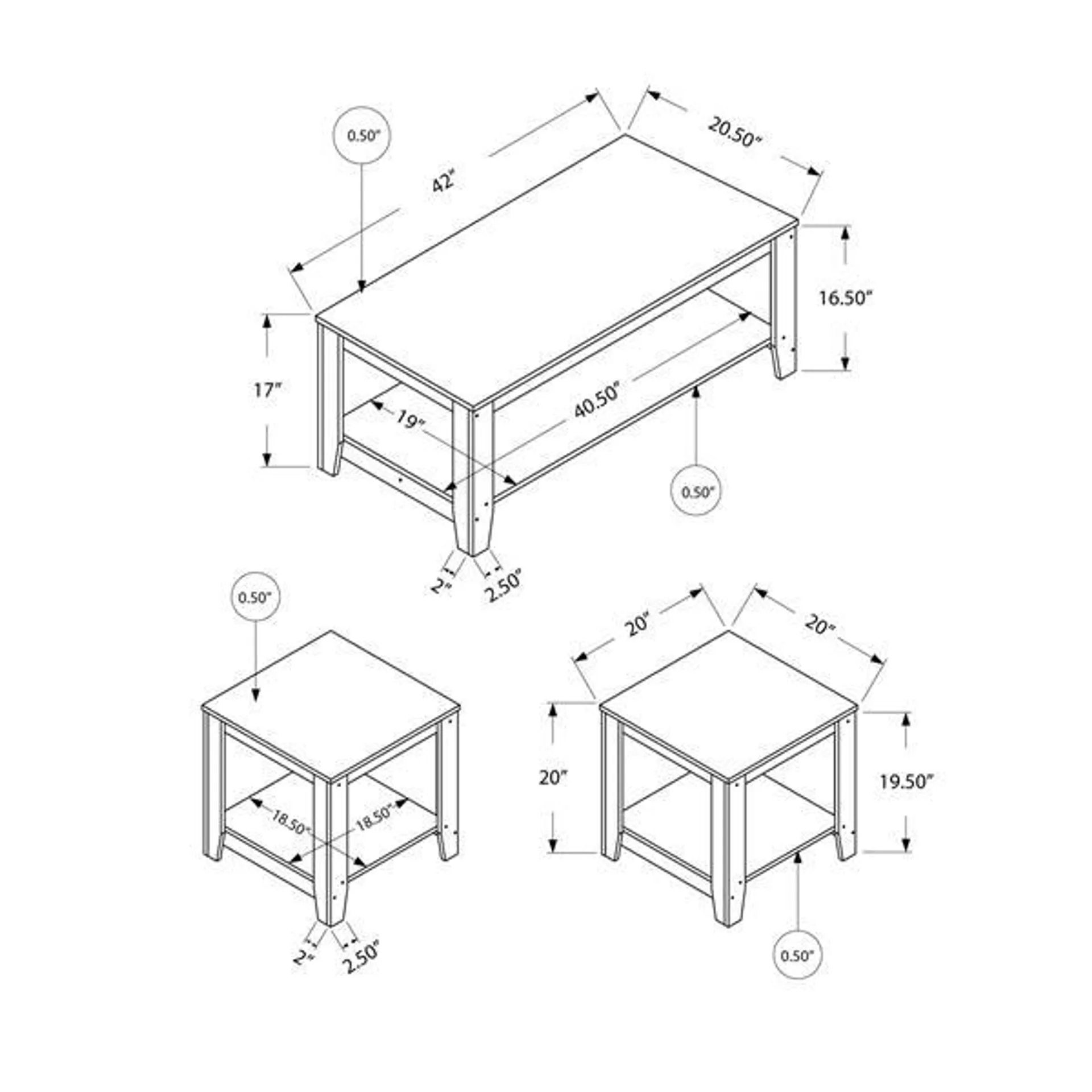 Ensemble de tables en bois, 3 mcx, taupe foncé