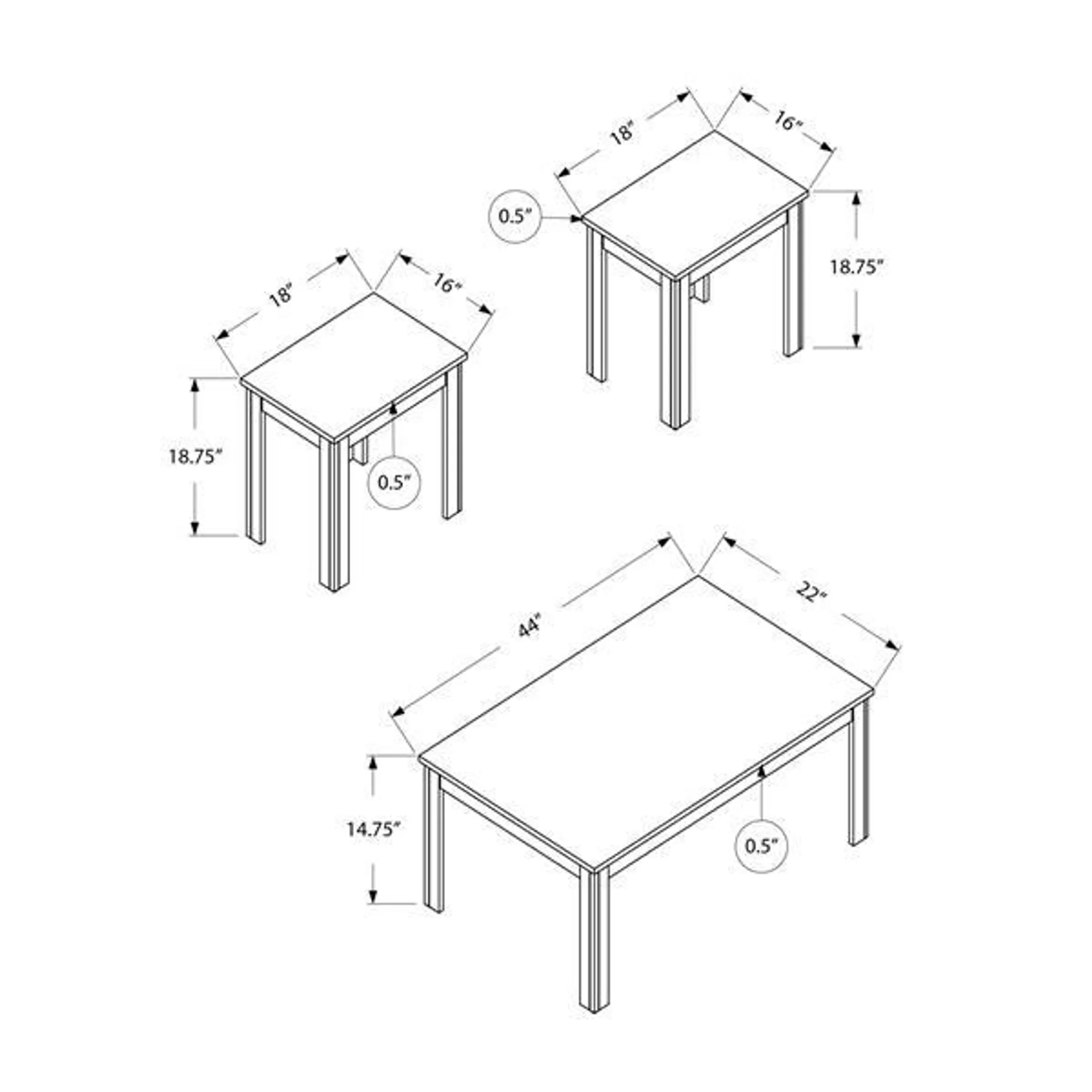 Ensemble de tables en bois, 3 mcx, cappuccino