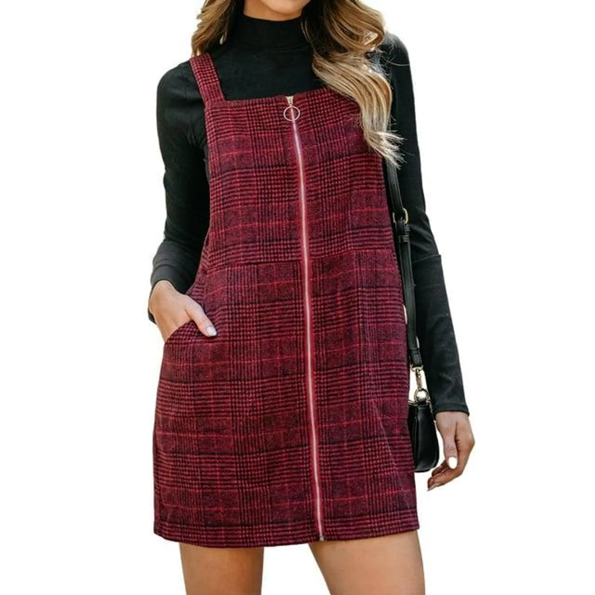 CUPSHE Women's Mini Dress Plaid O-Ring Zip Wide Straps Sleeveless Fitted Casual A Line Overalls Dresses with Pockets