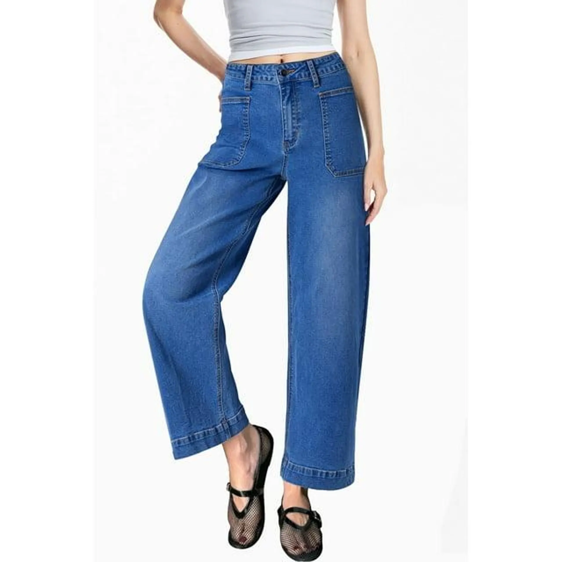 DOKOTOO Women's Wide Leg Jeans High Waisted Vintage Stretchy Loose Denim Pants with Big Pockets