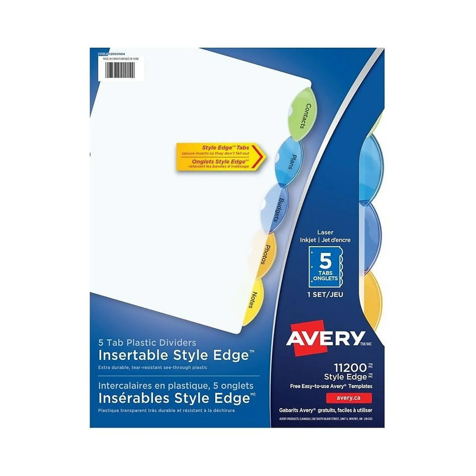 Avery − Intercalaires en plastique à insérer Style Edge pour imprimantes laser et à jet d’encre − 5 onglets − multicolores