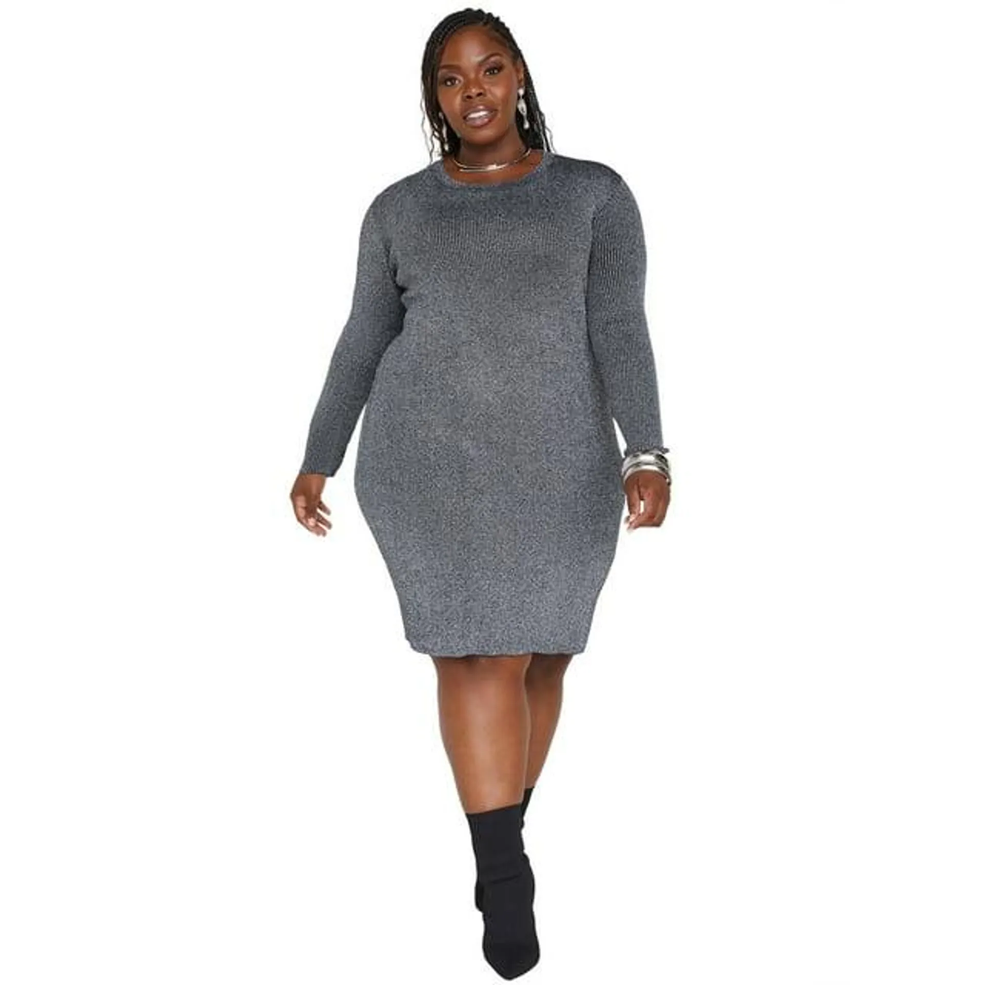 Ashley Stewart Women's Plus Size Lurex™ Bodycon Sweater Dress, Black And Silver