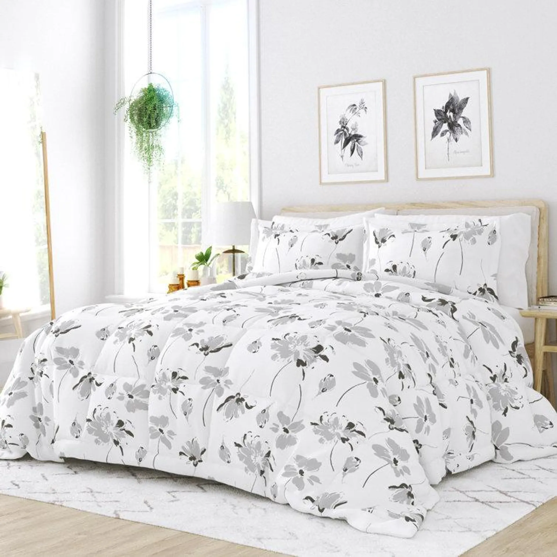 Down Alternative Magnolia Grey Patterned Comforter Set