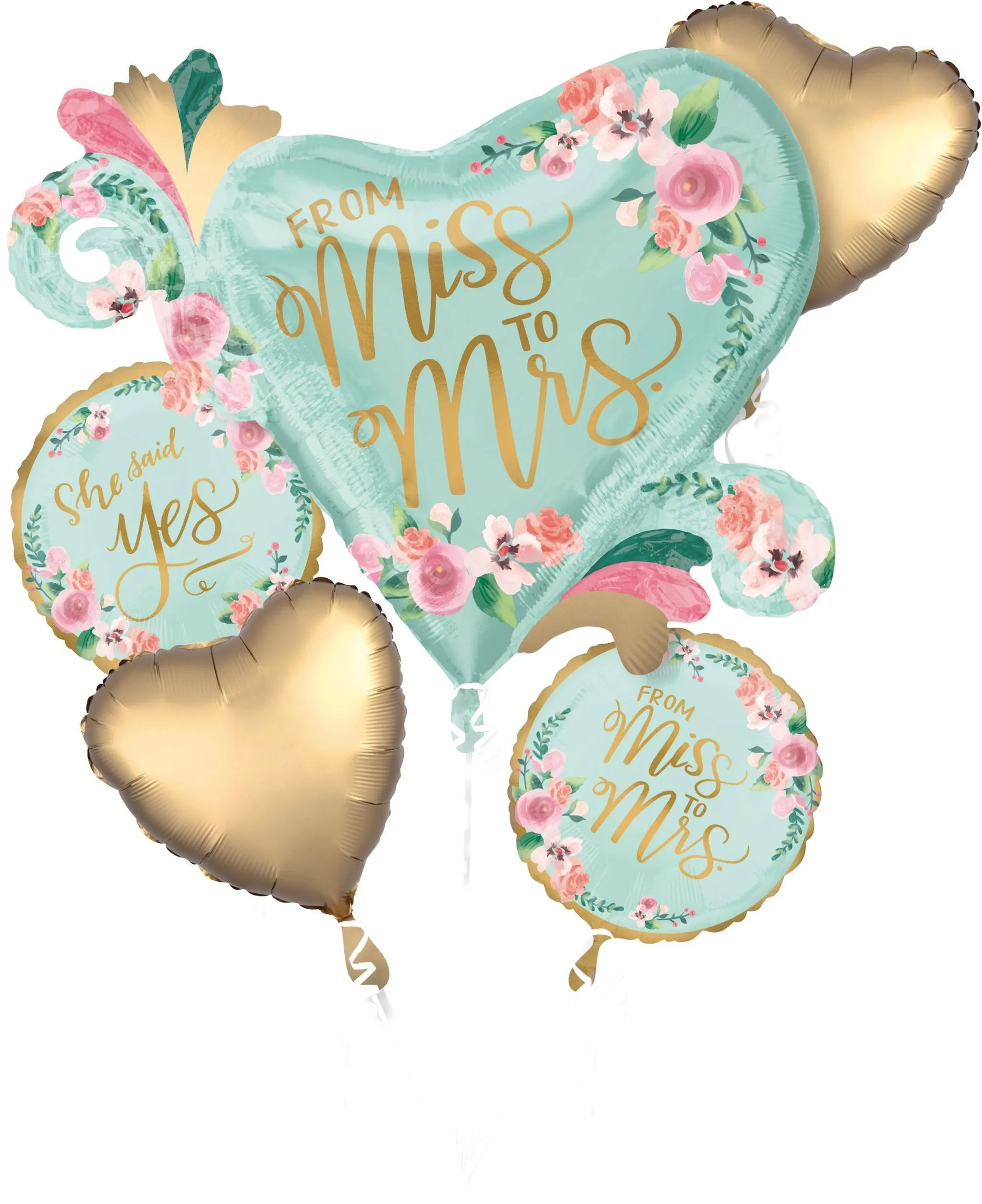 Mint to Be "From Miss to Mrs" Heart Satin Foil Balloon Bouquet, Mint/Gold, Floral, 5-pk, Helium Inflation & Ribbon Included for Wedding/Engagement