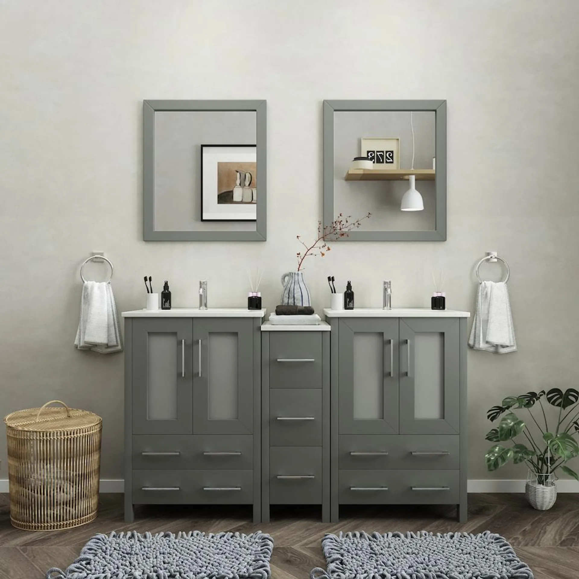 Brescia 60 inch Bathroom Vanity in Grey with Double Basin Vanity Top in White Ceramic and Mirror