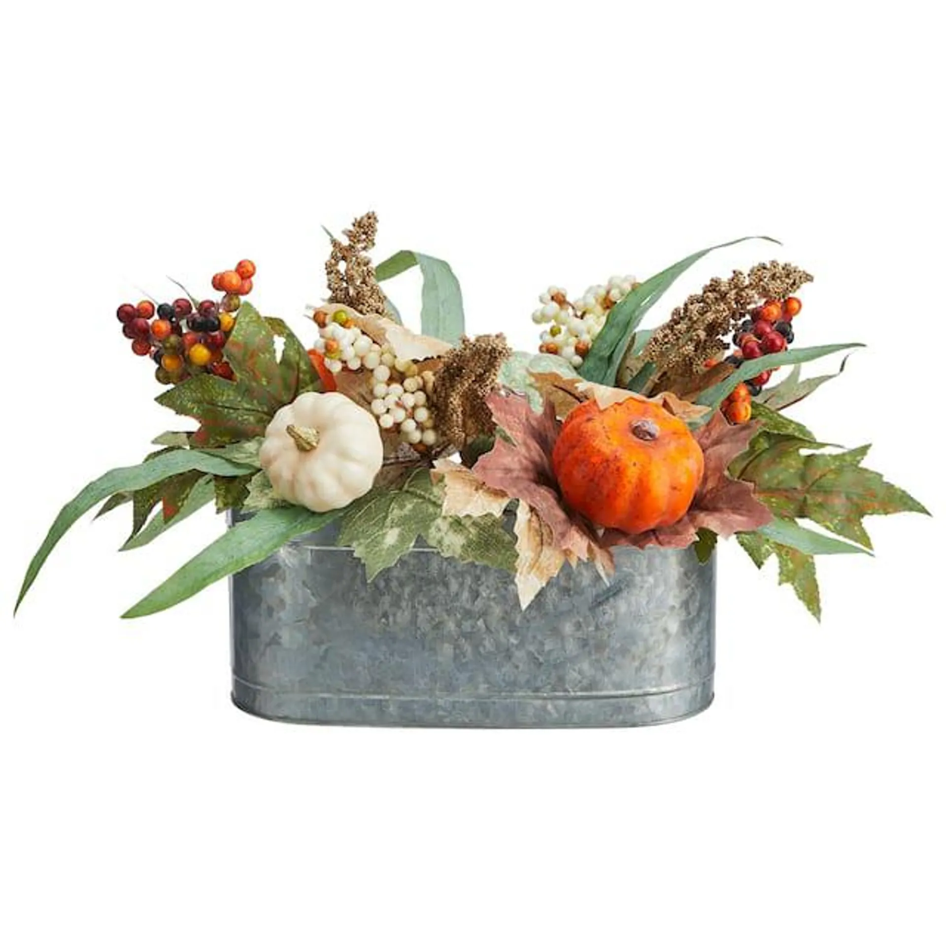 CANVAS Galvanized Harvest Basket with Florals & Pumpkins, Multi-Coloured, 10-in, Indoor Decoration for Fall