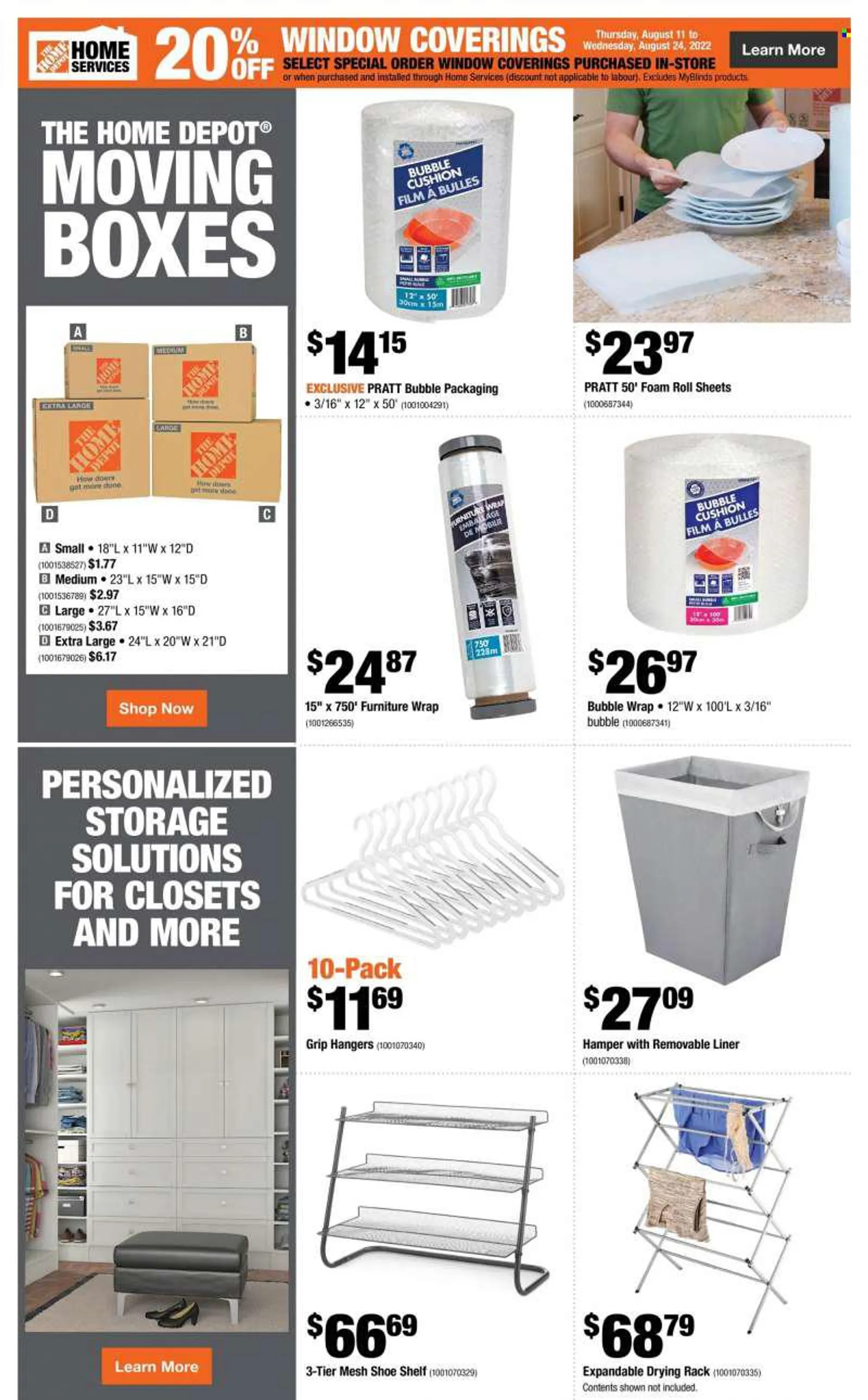 The Home Depot Flyer - August 11, 2022 - August 17, 2022 - Sales products - hanger, drying rack, hamper, bubble wrap, cushion, shelves. Page 5.