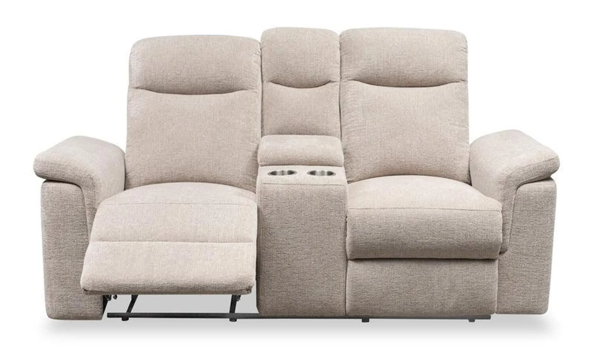 Sutton 72" Cream Chenille Fabric Reclining Loveseat with Storage Console and Dual Cupholders