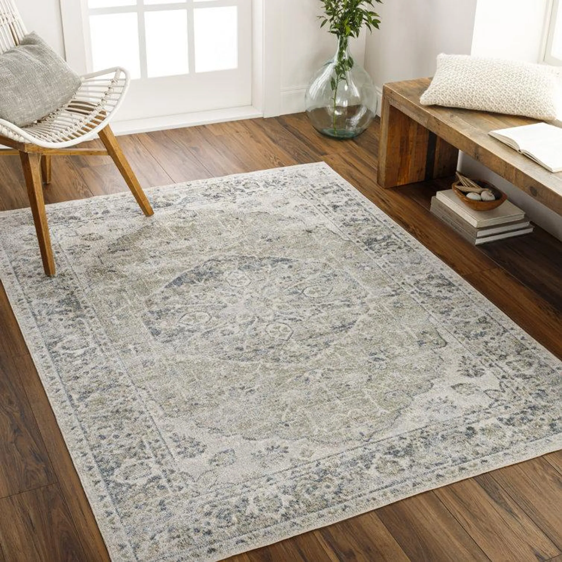 Watts Machine Washable Oriental Grey/Blue Area Rug