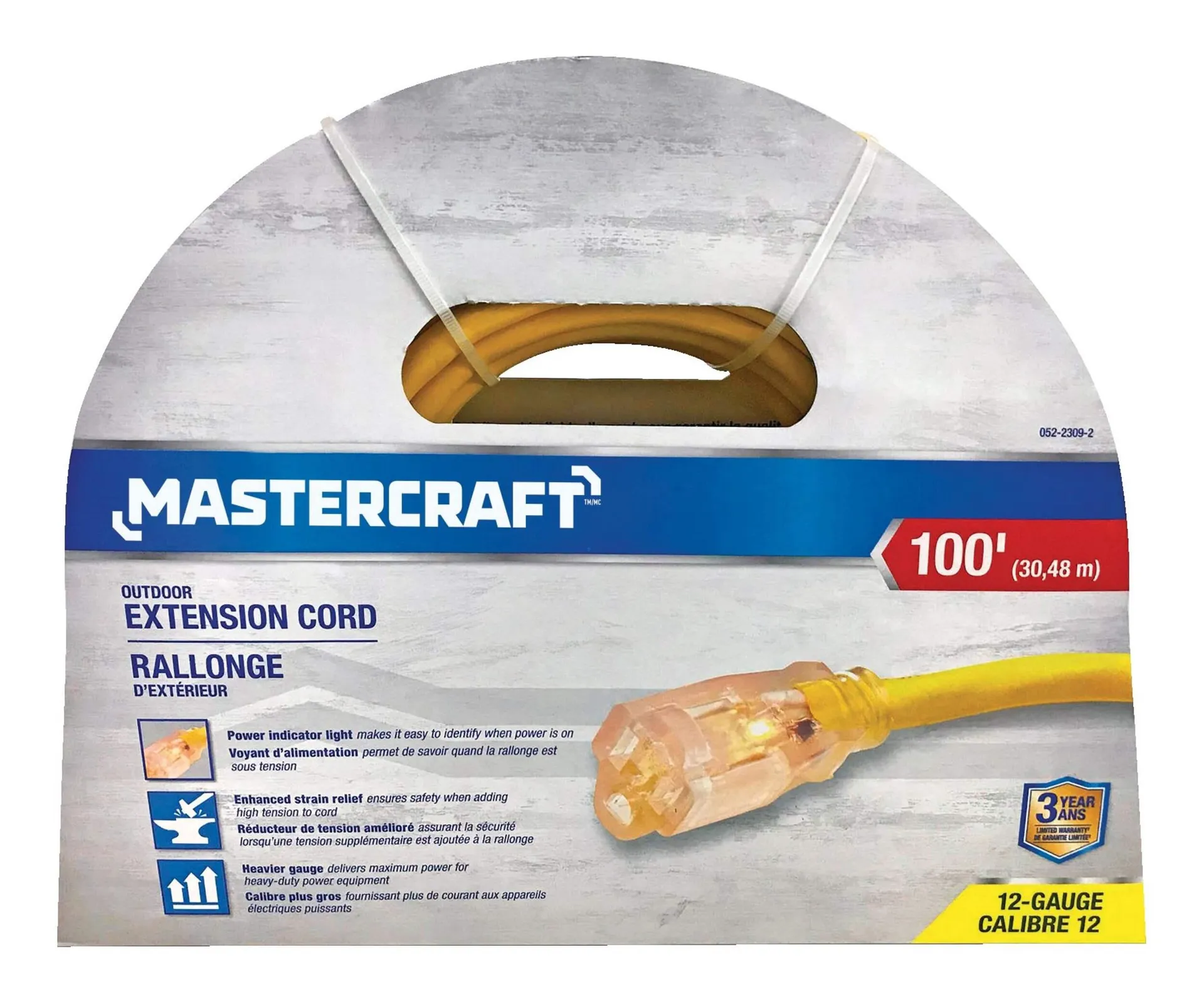 Mastercraft 12/3 Outdoor Extension Cord with Lighted end & Locking Connector, Yellow