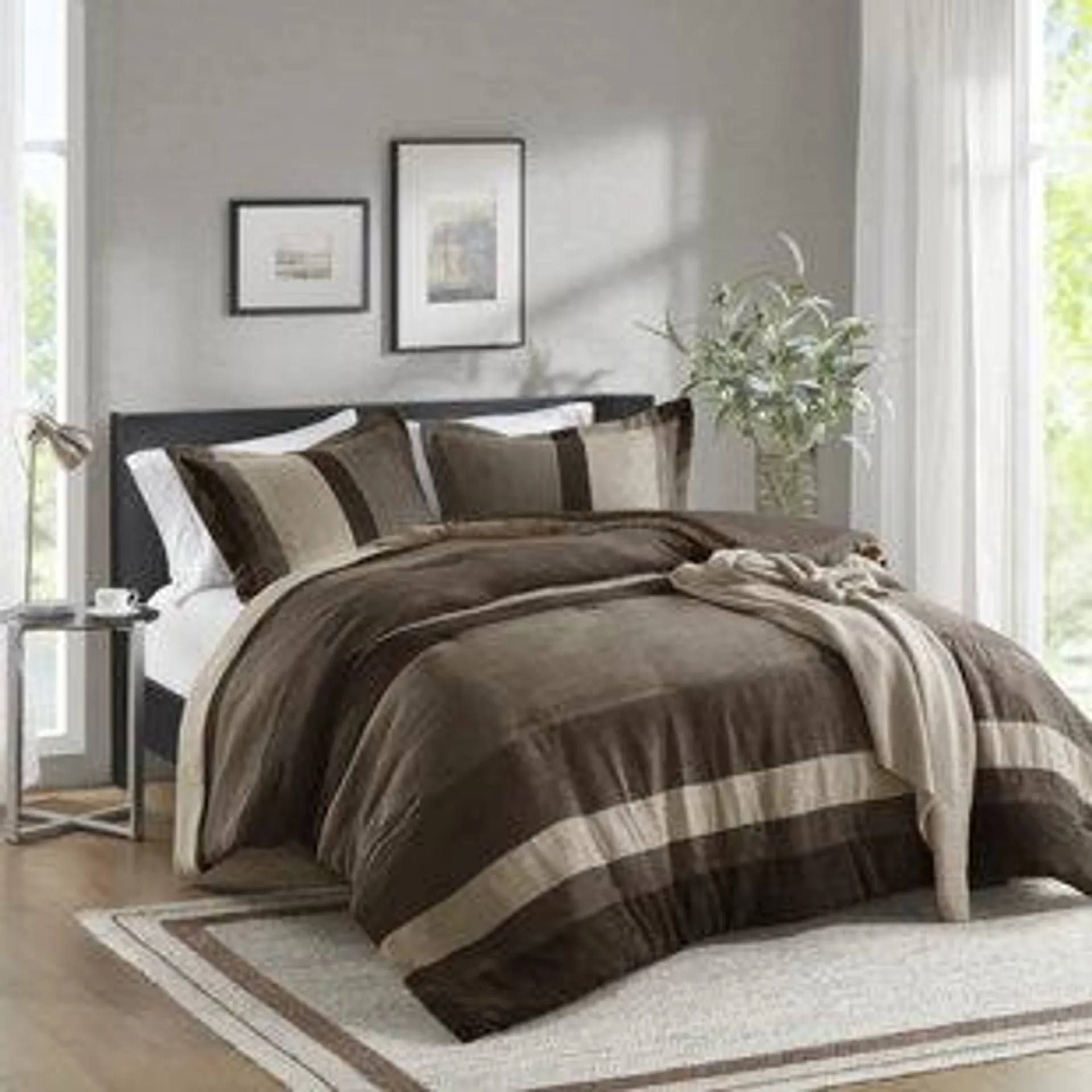 Stevee Striped Microsuede Plush Comforter Set in Farmhouse Style