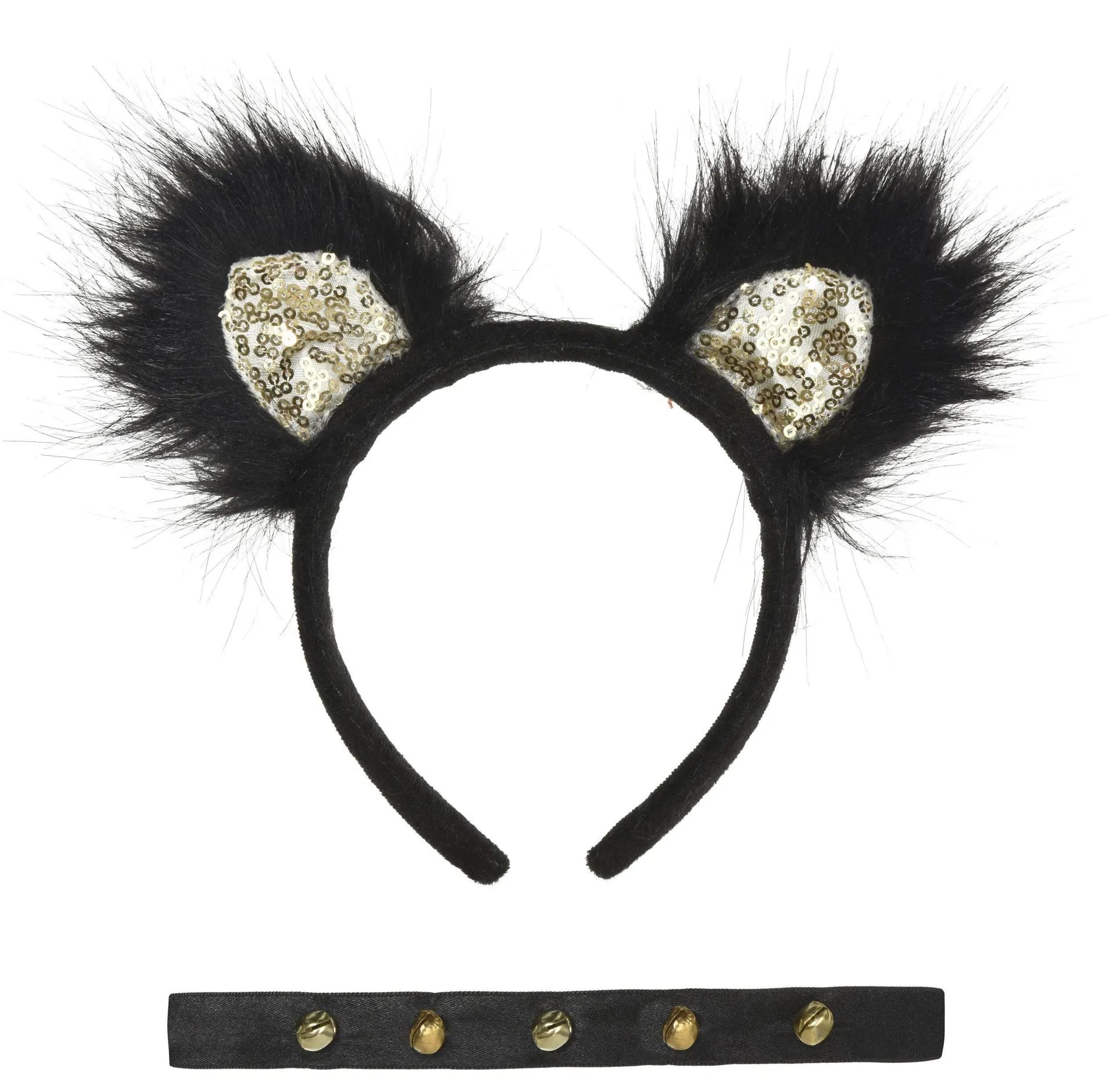 Sequin Fuzzy Honey Cat Ears Headband, Black/Gold, One Size, Wearable Costume Accessory for Halloween