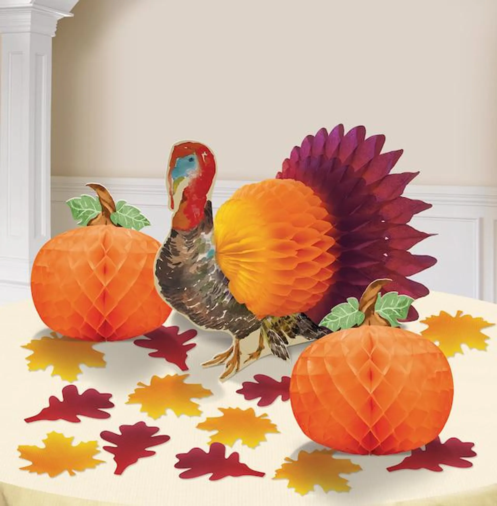 Turkey & Jack-O'-Lanterns Honeycomb Table Decorating Kit, Multi-Coloured, Indoor Decoration for Thanksgiving