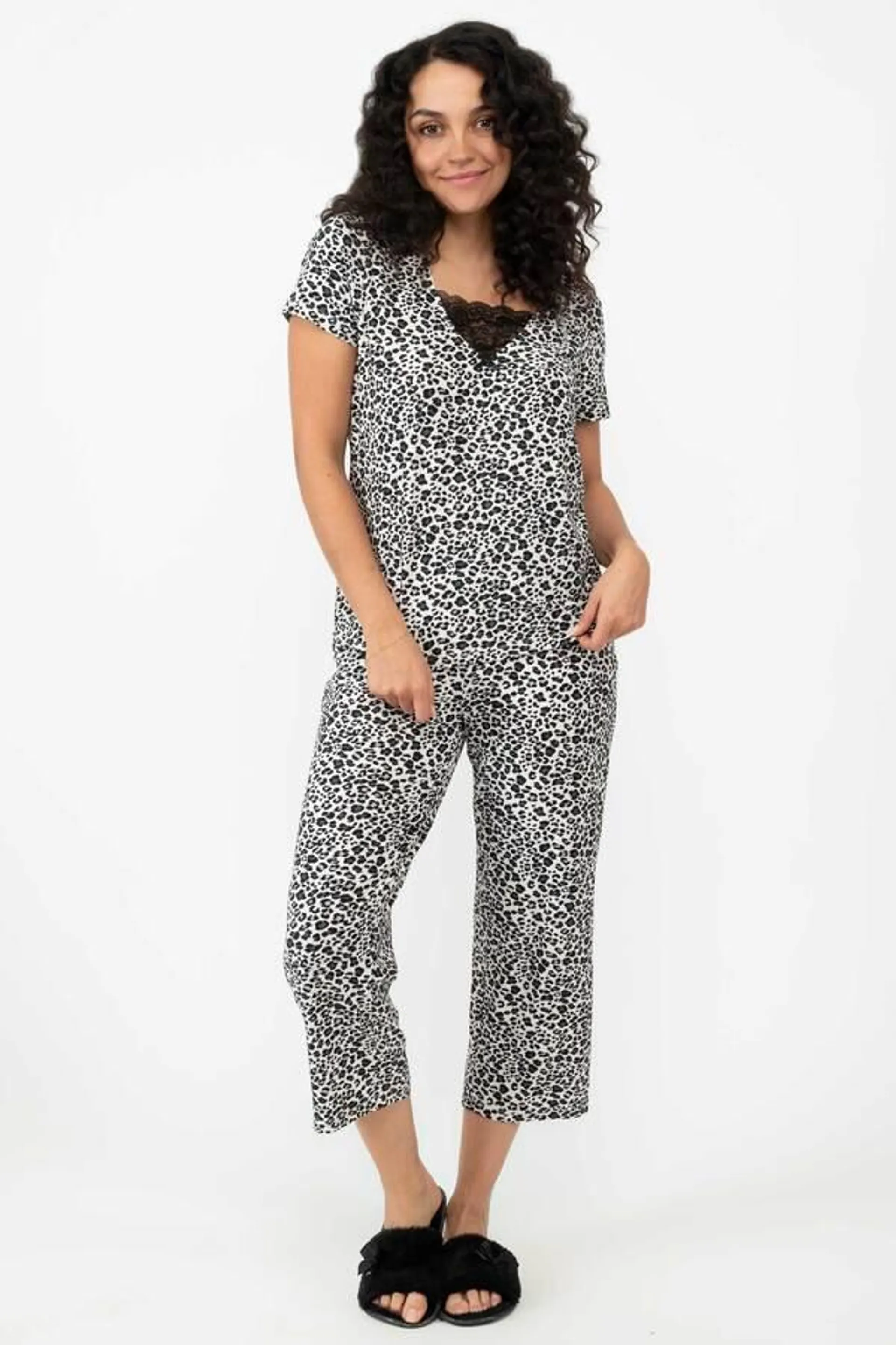 Silky touch capri PJ set with lace - Leopard