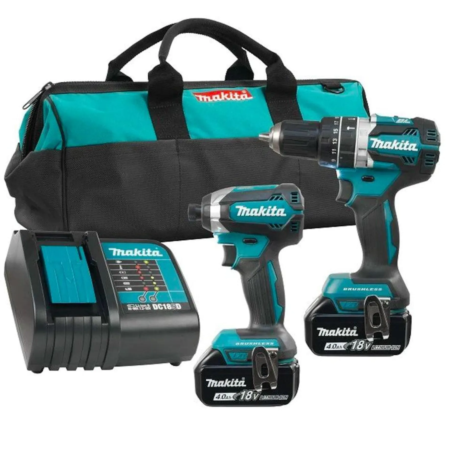 18V LXT Brushless Hammer Drill-Driver & Impact Driver Kit w/2 Batteries (4.0Ah), Charger & Bag