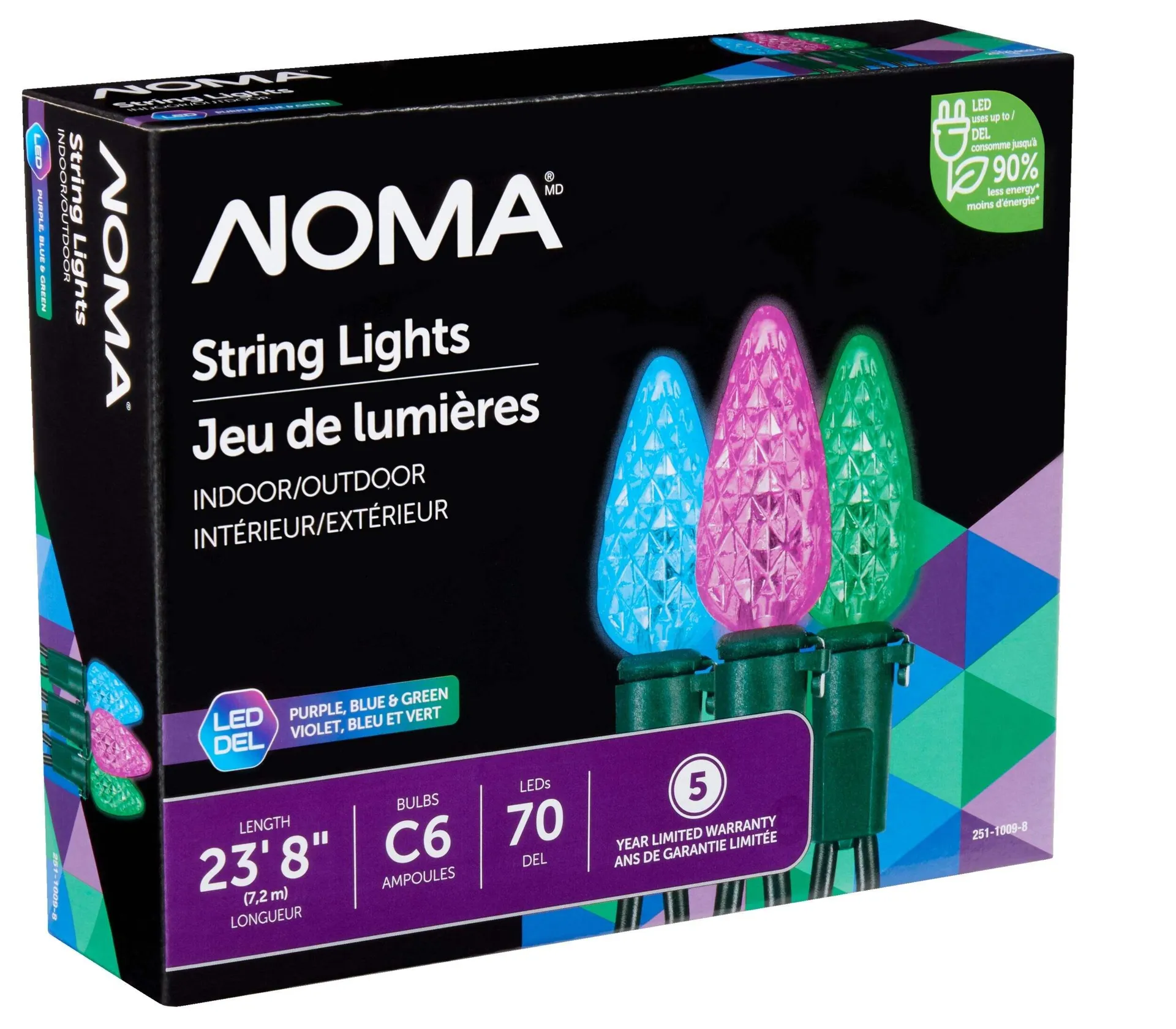 NOMA Outdoor C6 LED 70 Christmas Lights, 23-ft 8", Purple/Blue/Green