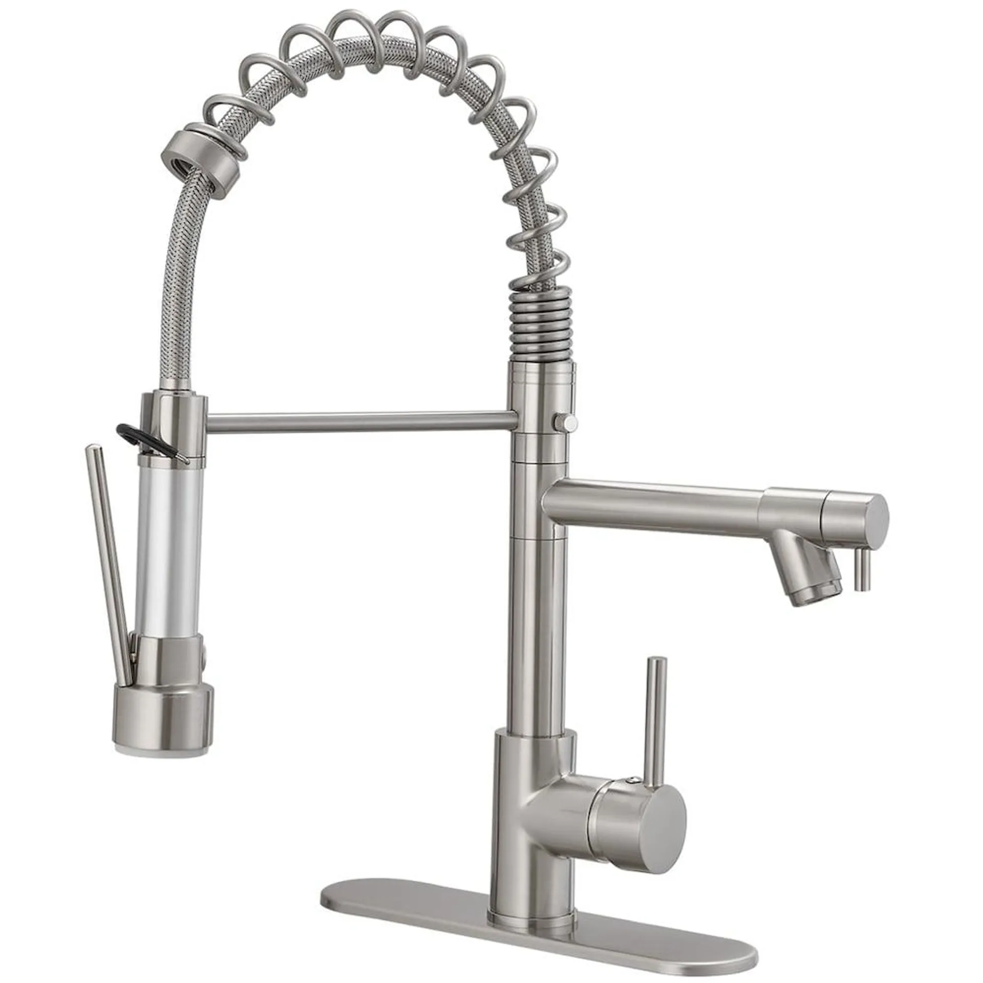 Single-Handle Pull-Down Sprayer 2 Spray High Arc Kitchen Faucet with Deck Plate in Brushed Nickel