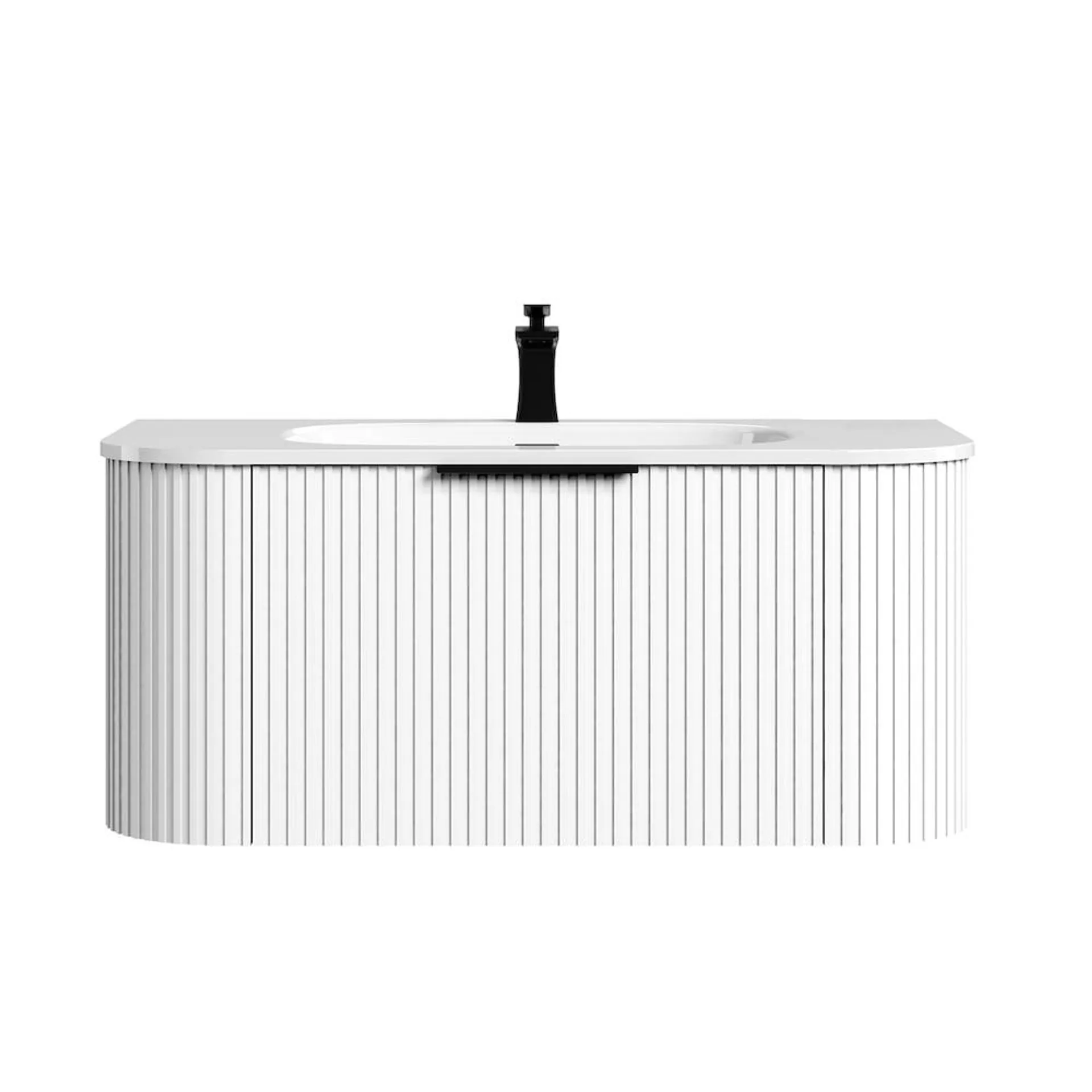 Sadie Fluted 35.375-inch Wall-Mounted Vanity in Matte White with Solid Surface Vanity Top in White