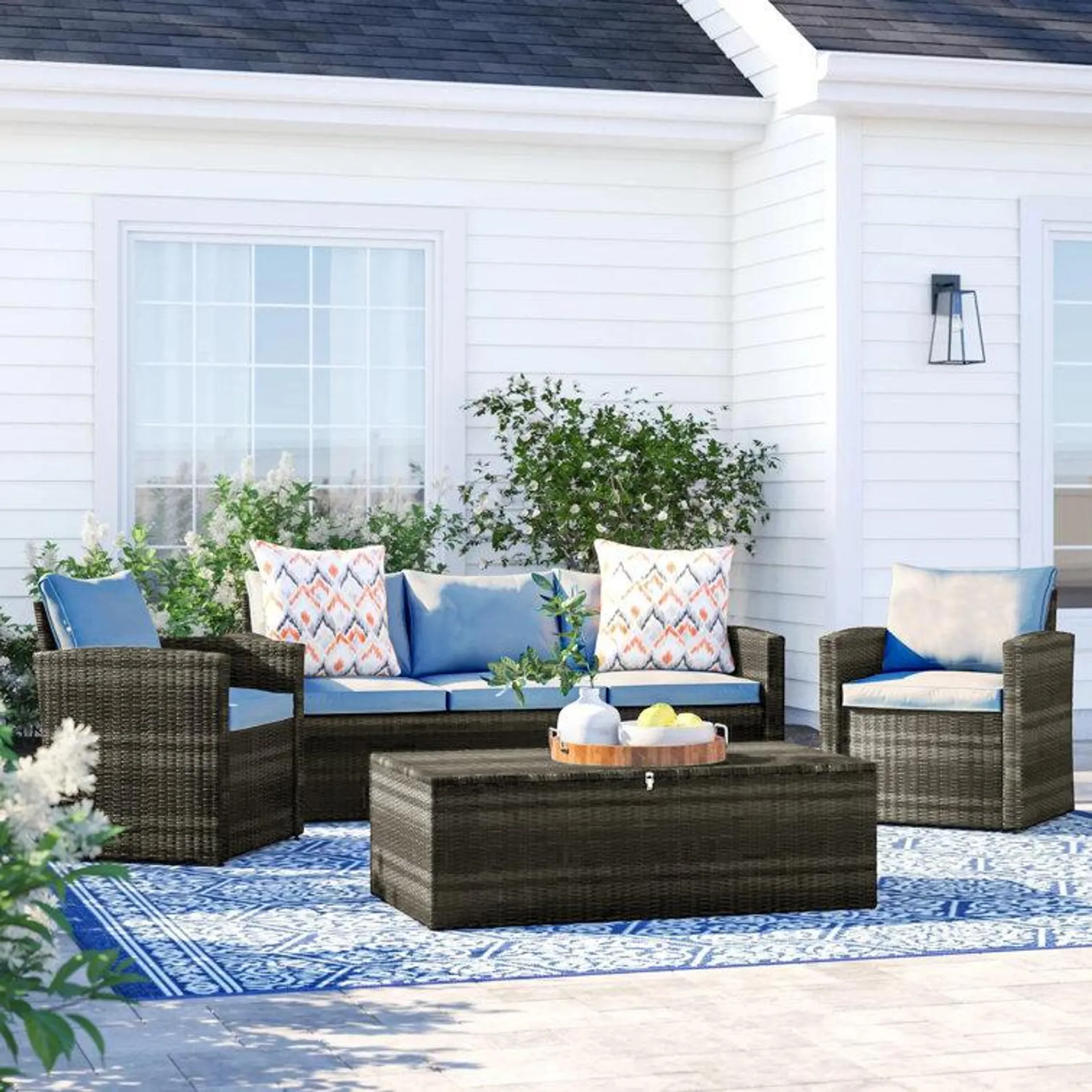 Arlington Wicker 5 - Person Seating Group with Cushions & Storage